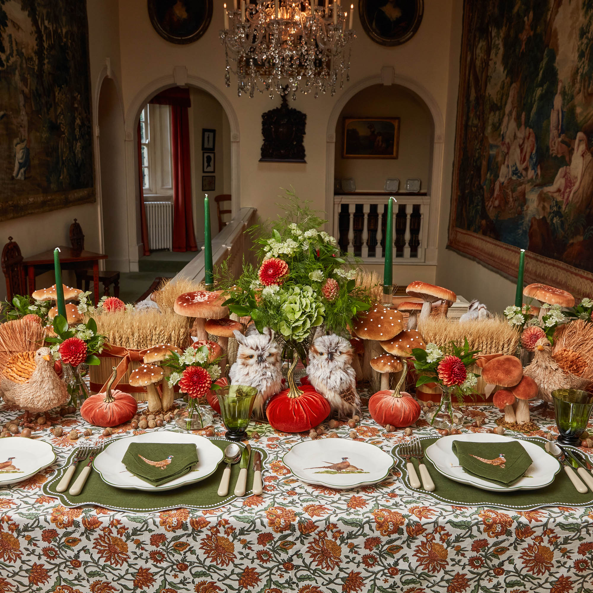 Eloise Forest Green Linen Placemats & Pheasant Napkins (Set of 4)