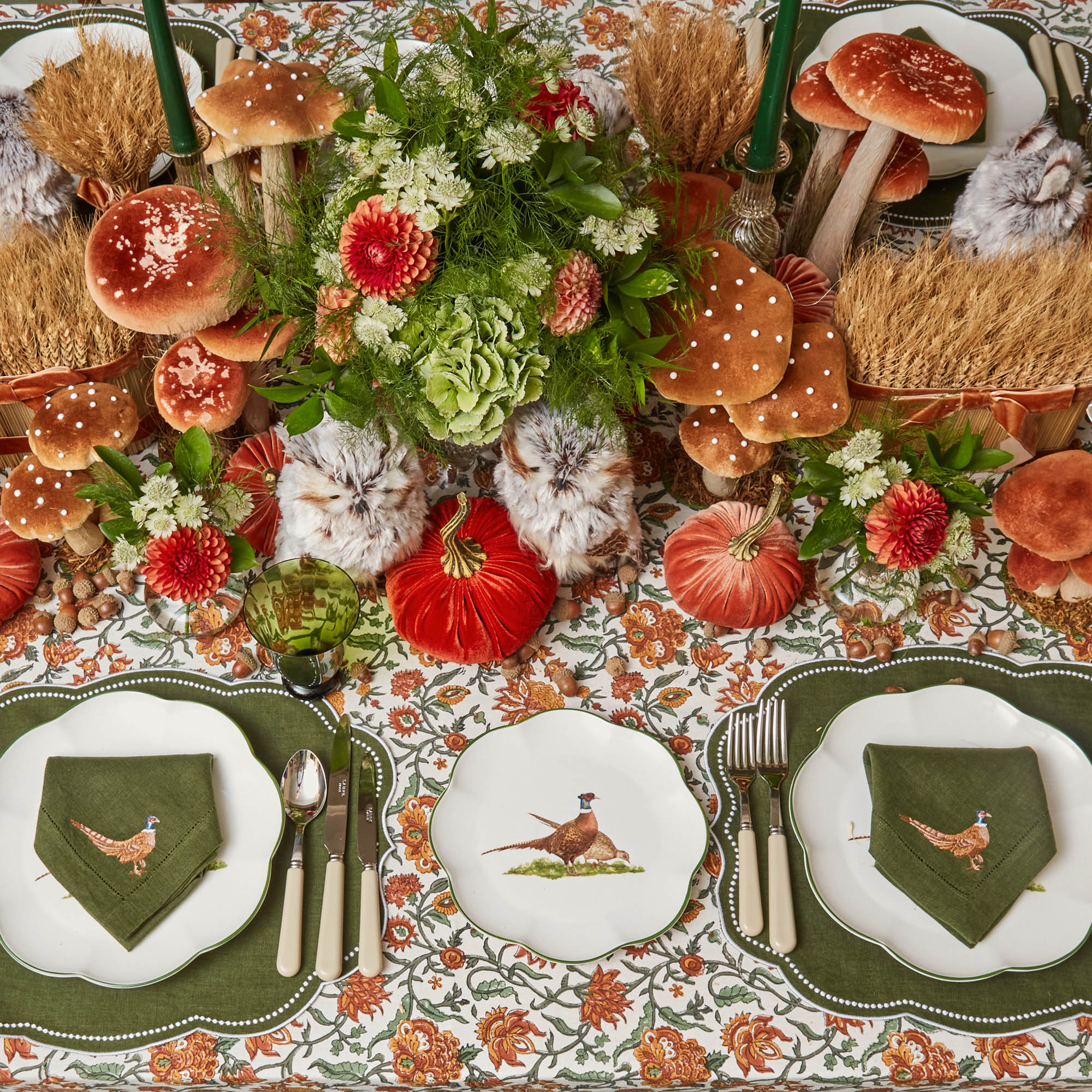 Pheasant Forest Green Linen Napkins (Set of 4)