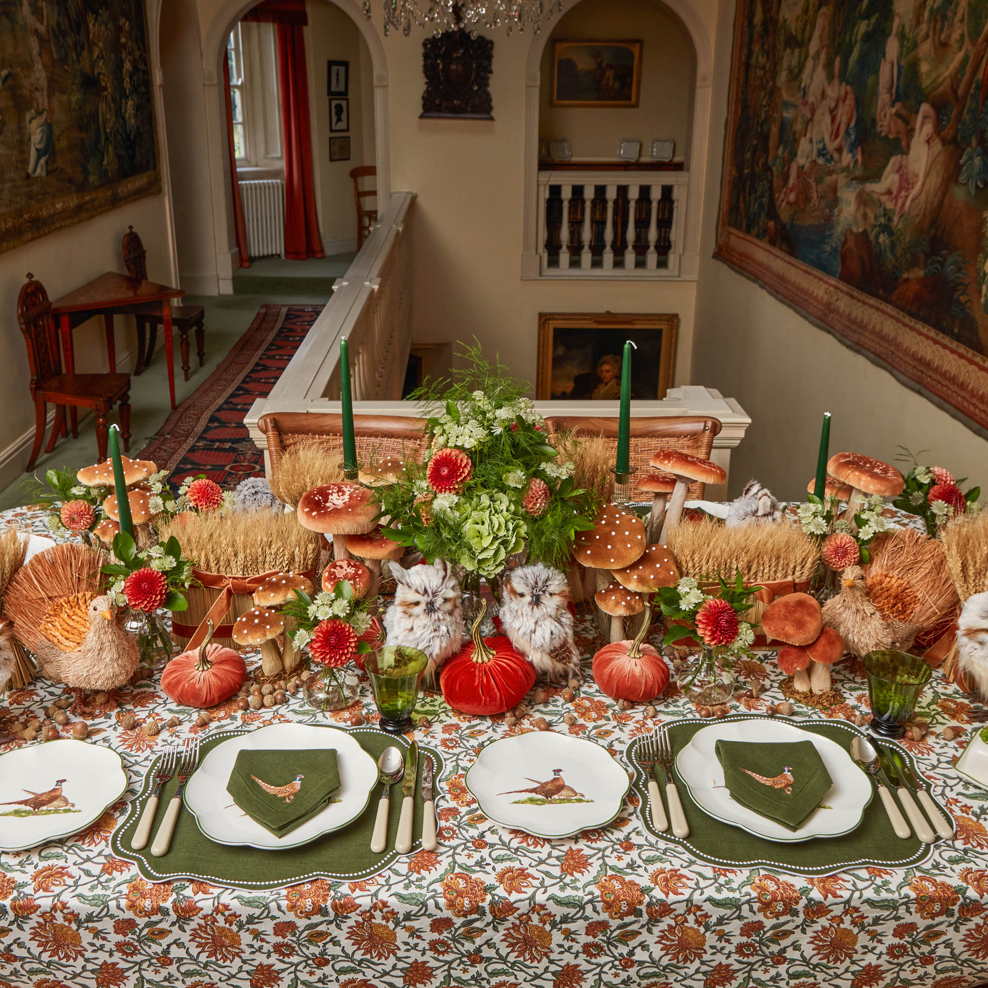 Eloise Forest Green Linen Placemats & Pheasant Napkins (Set of 4)