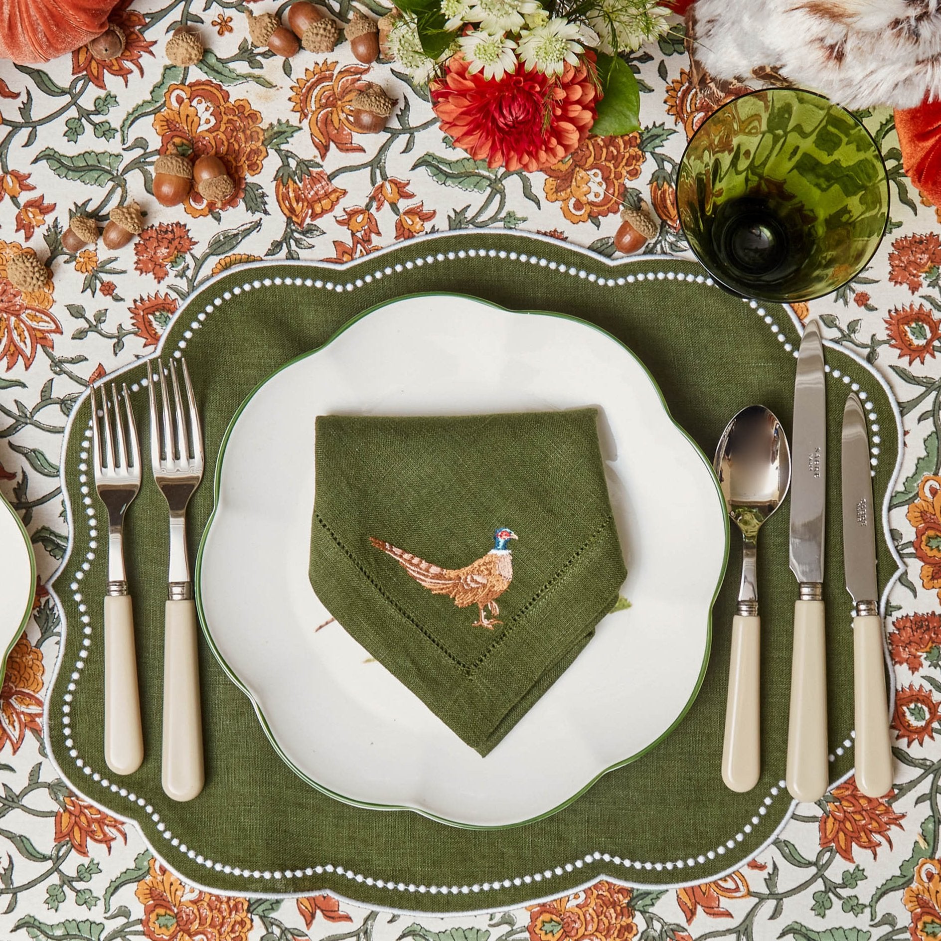 Pheasant Forest Green Linen Napkins (Set of 4)