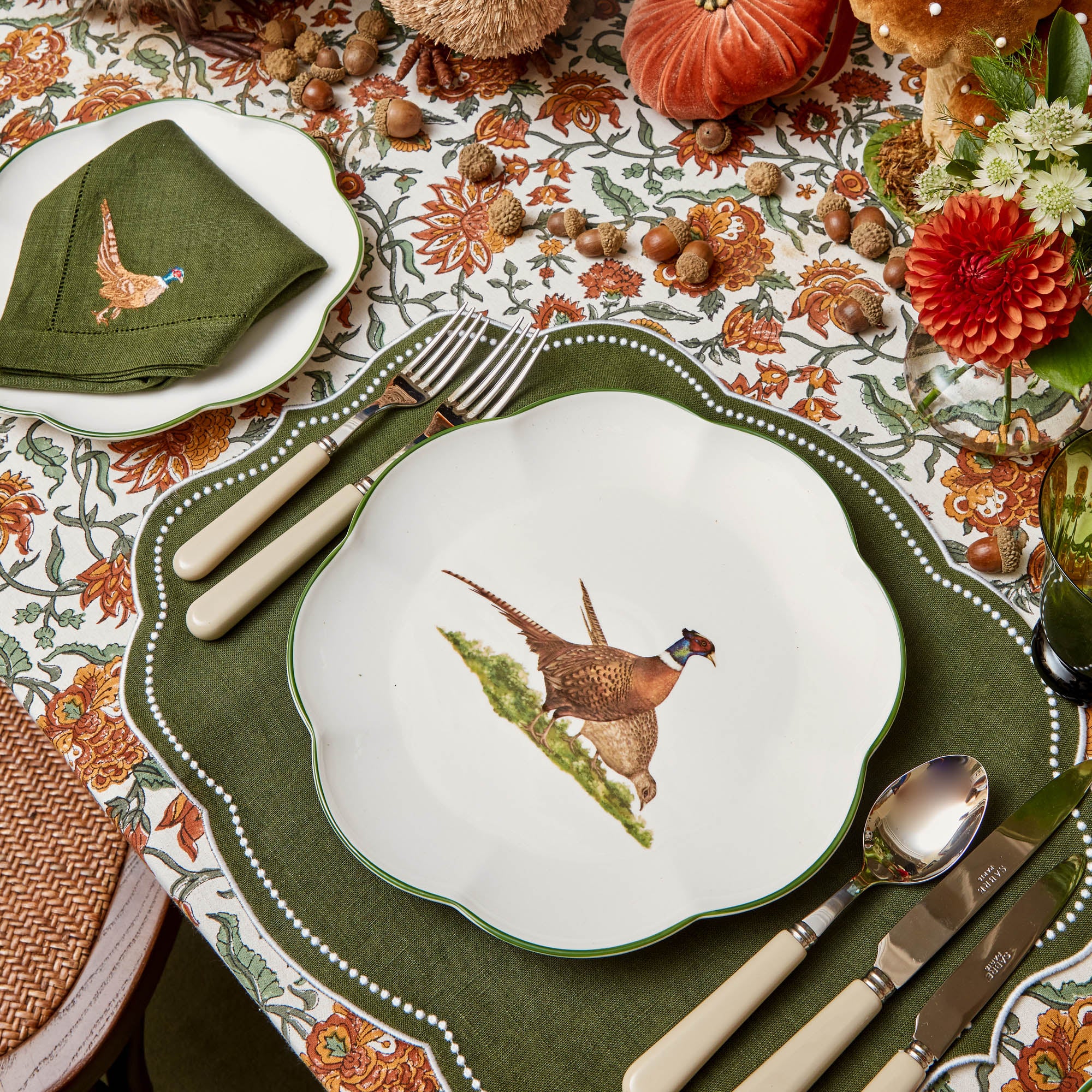 Pheasant Forest Green Linen Napkins (Set of 4)
