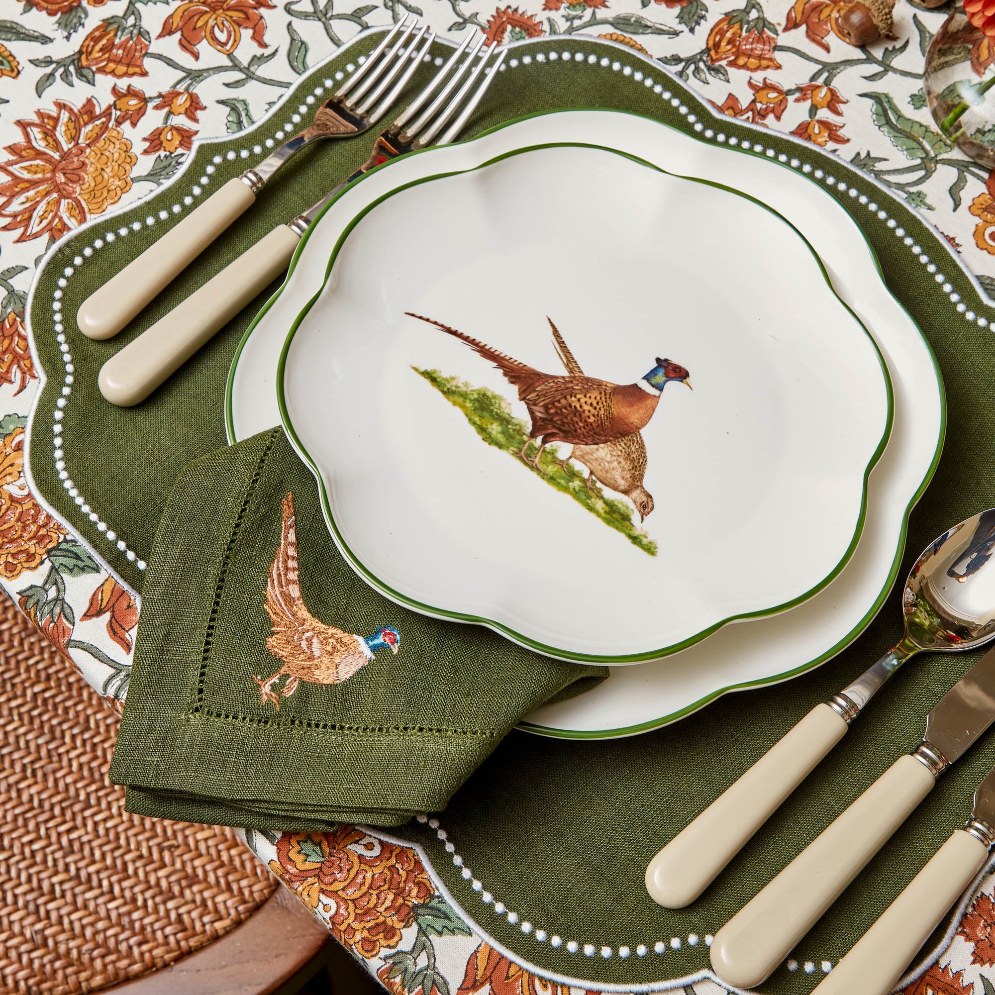 Pheasant Forest Green Linen Napkins (Set of 4)