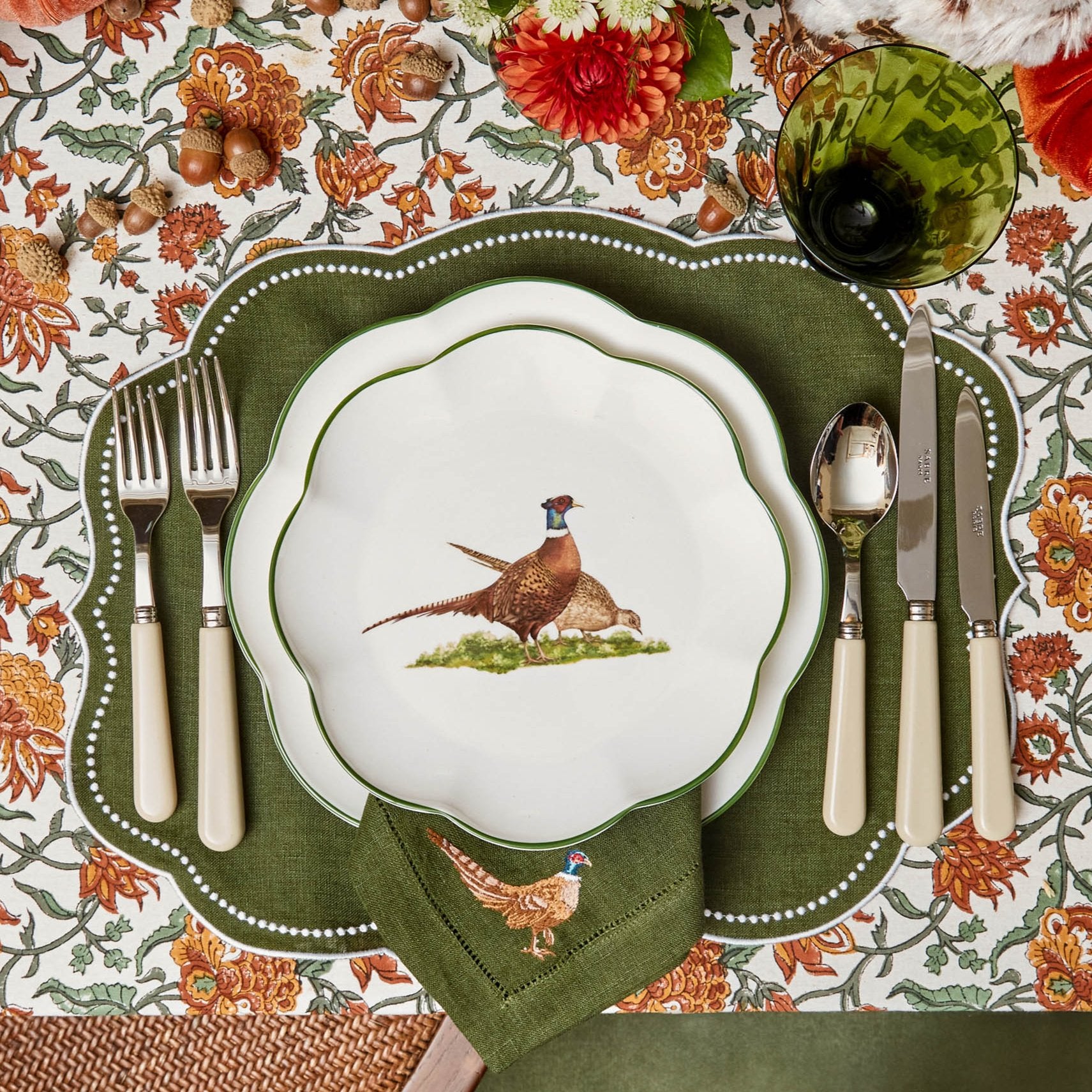 Pheasant Forest Green Linen Napkins (Set of 4)
