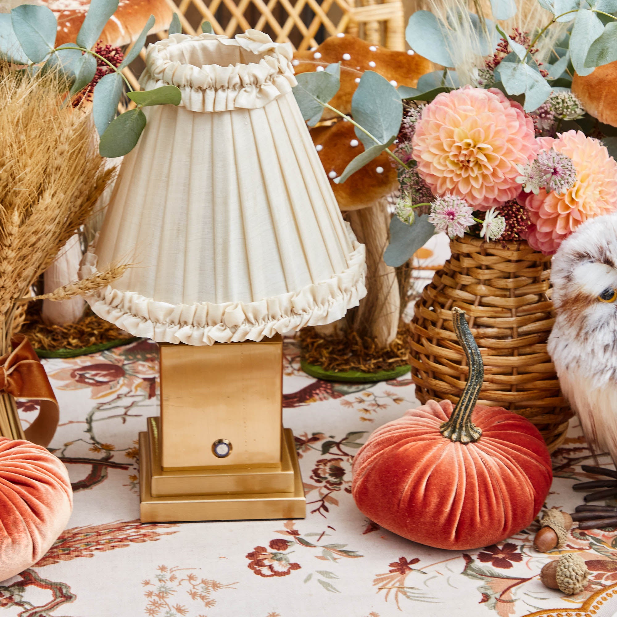 Square Rechargeable Lamp with Cream Frilled Silk Shade (18cm)