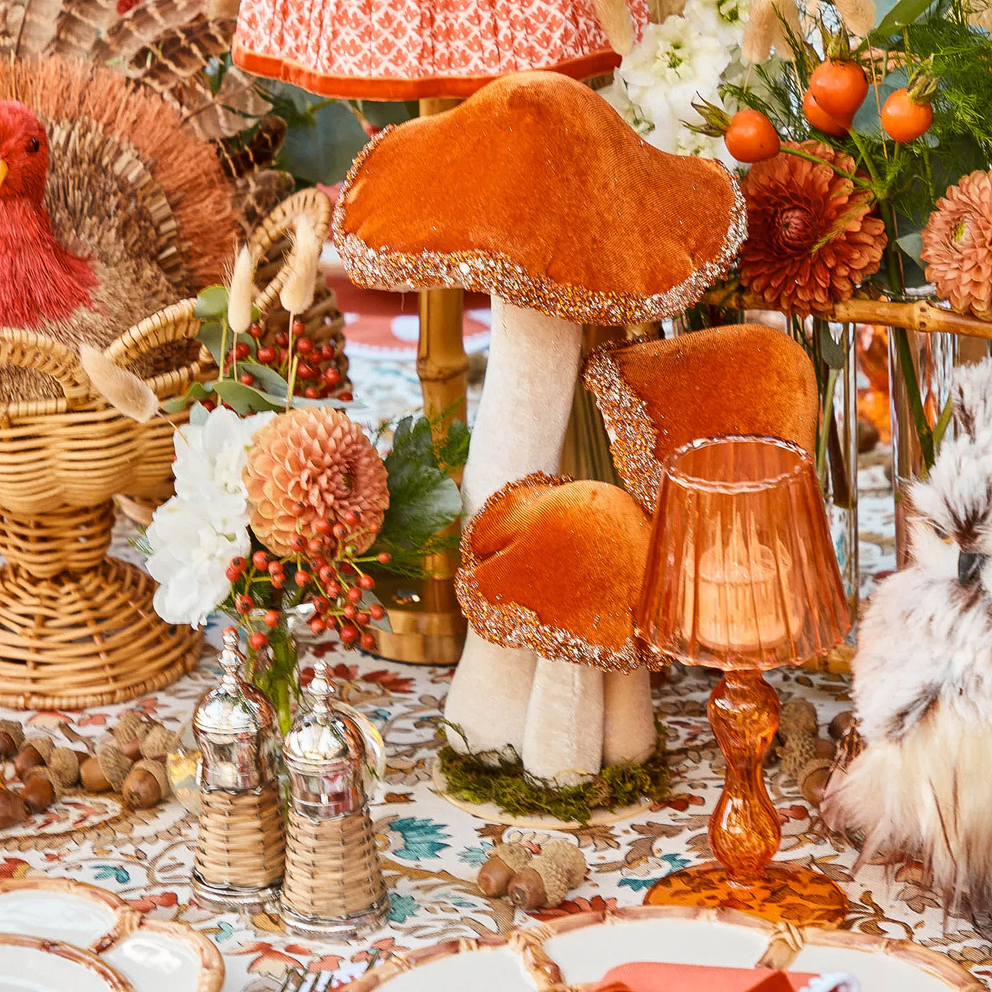 Tall Orange Beaded Velvet Mushrooms (Set of 4)