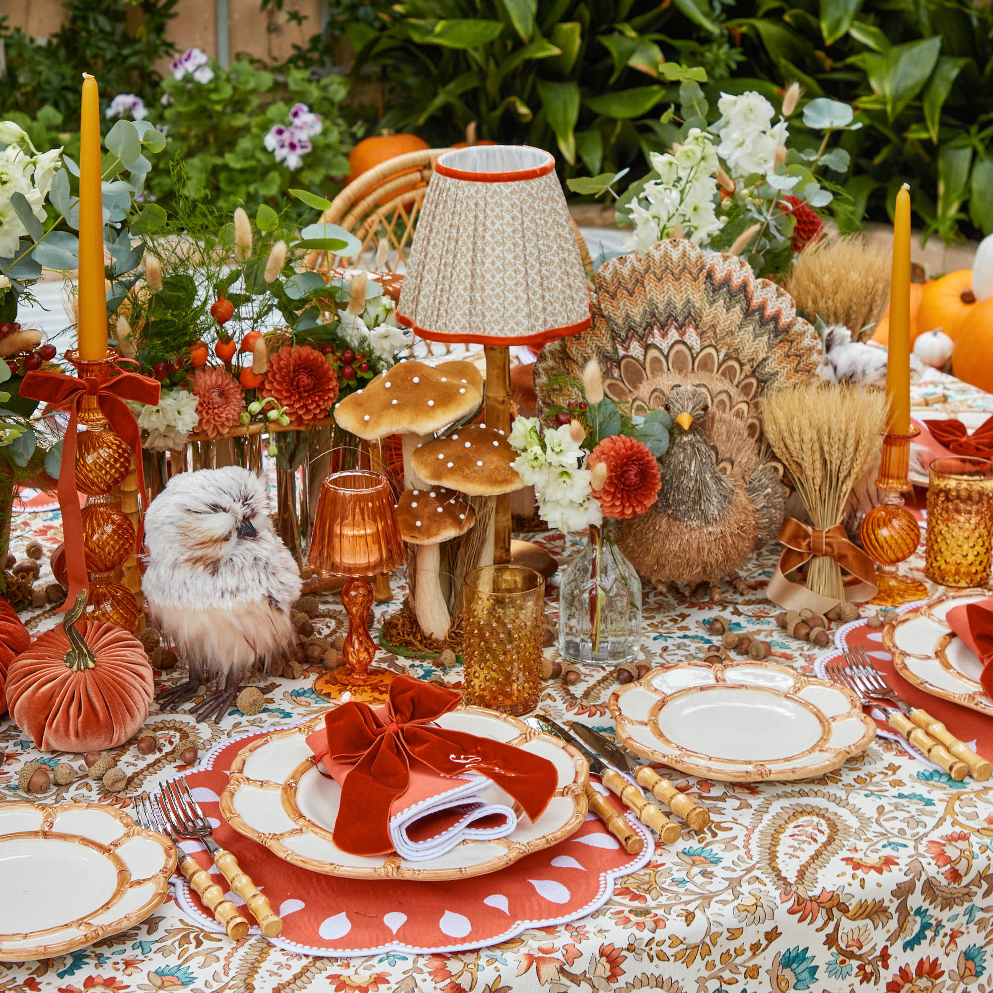 Rechargeable Bamboo Lamp with Putty & Orange Lotus Shade (18cm)