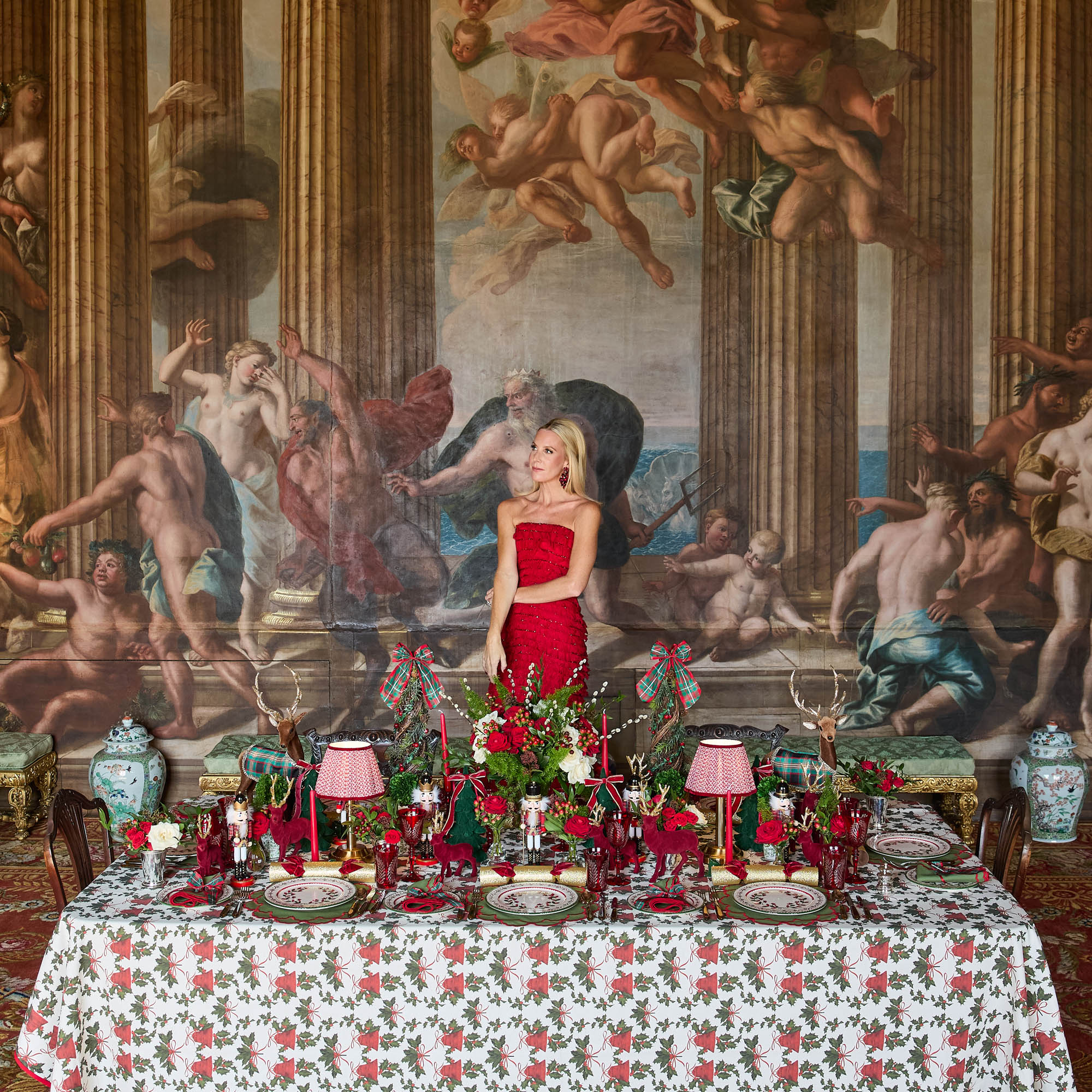 Corinthian Rechargeable Lamp with Red Lotus Shade (22cm)