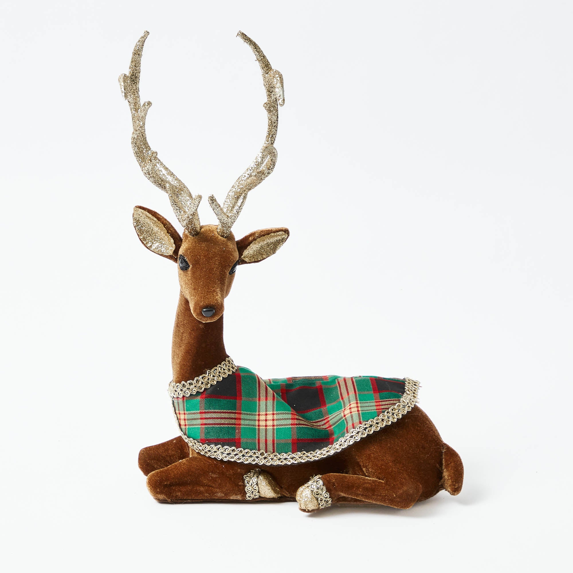 Sitting Tartan Flocked Deer (Pair)