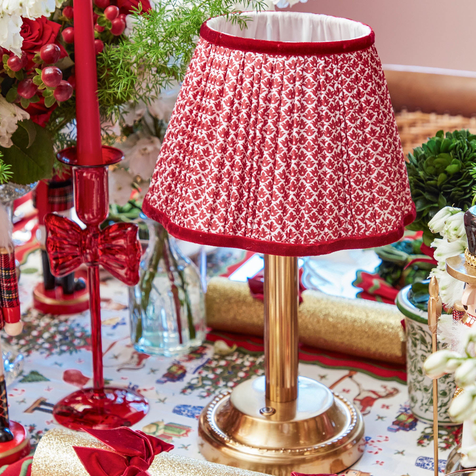 Corinthian Rechargeable Lamp with Red Lotus Shade (22cm)