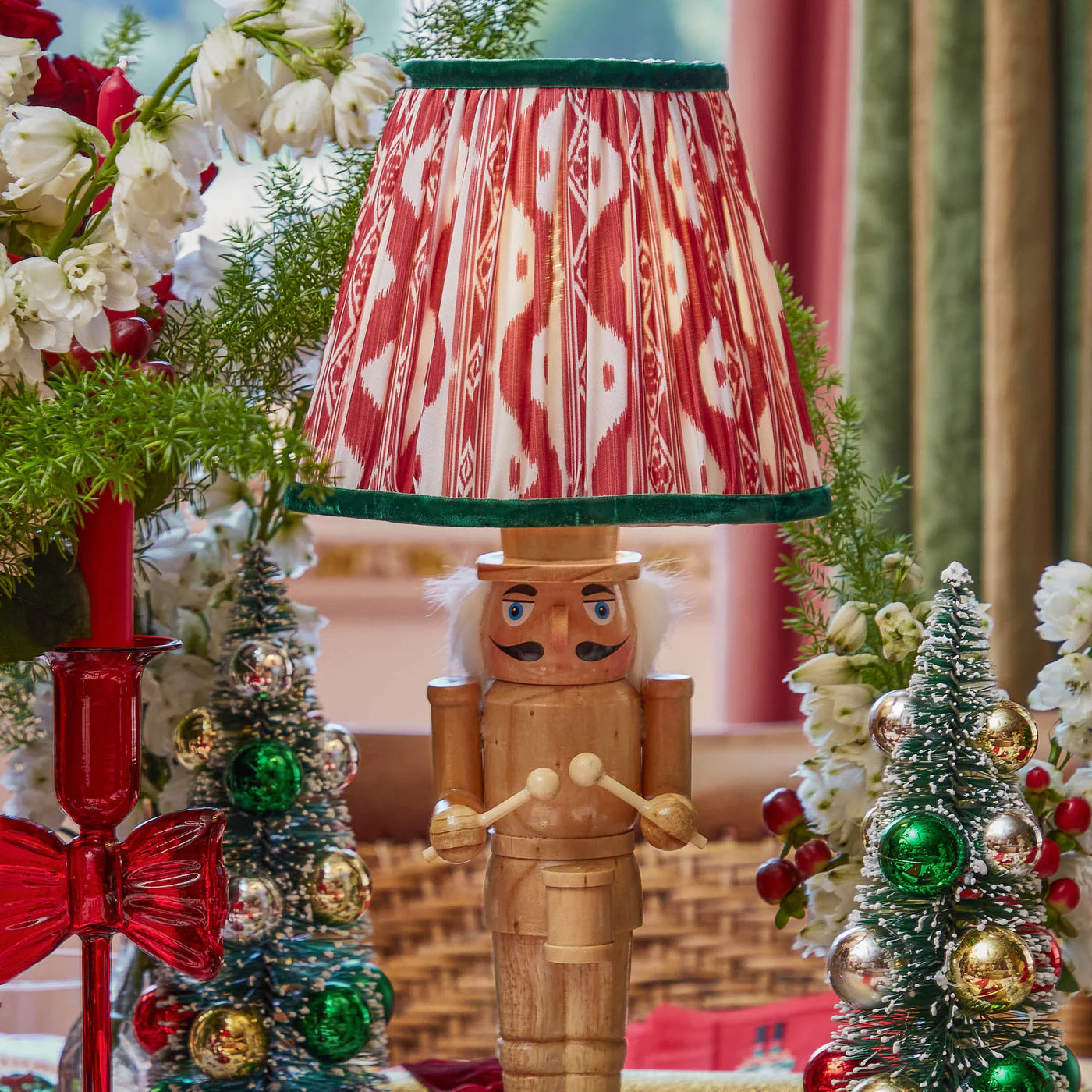 Pair of Nutcracker Rechargeable Lamps with Red & Green Ikat Shades (18cm)