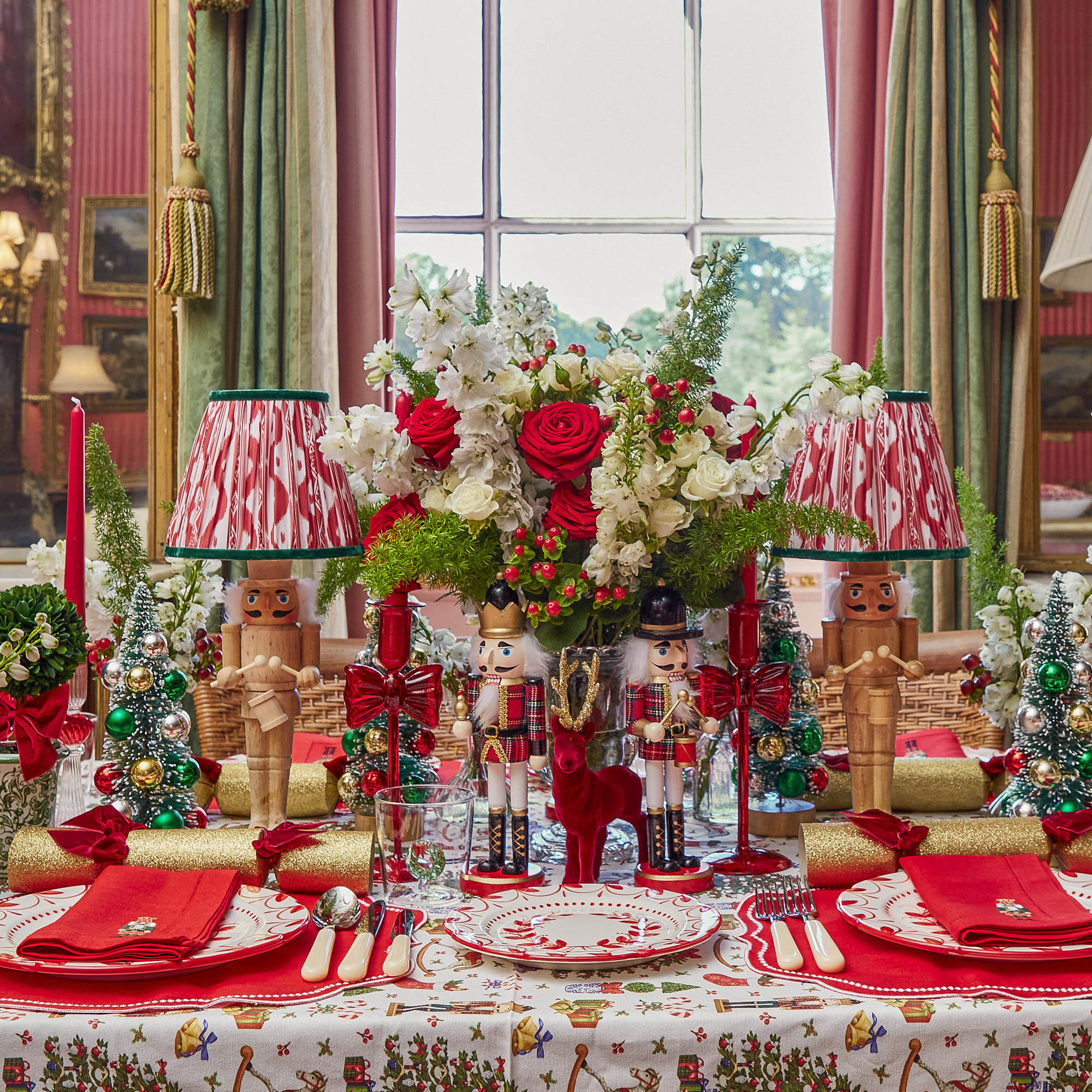 Pair of Nutcracker Rechargeable Lamps with Red & Green Ikat Shades (18cm)