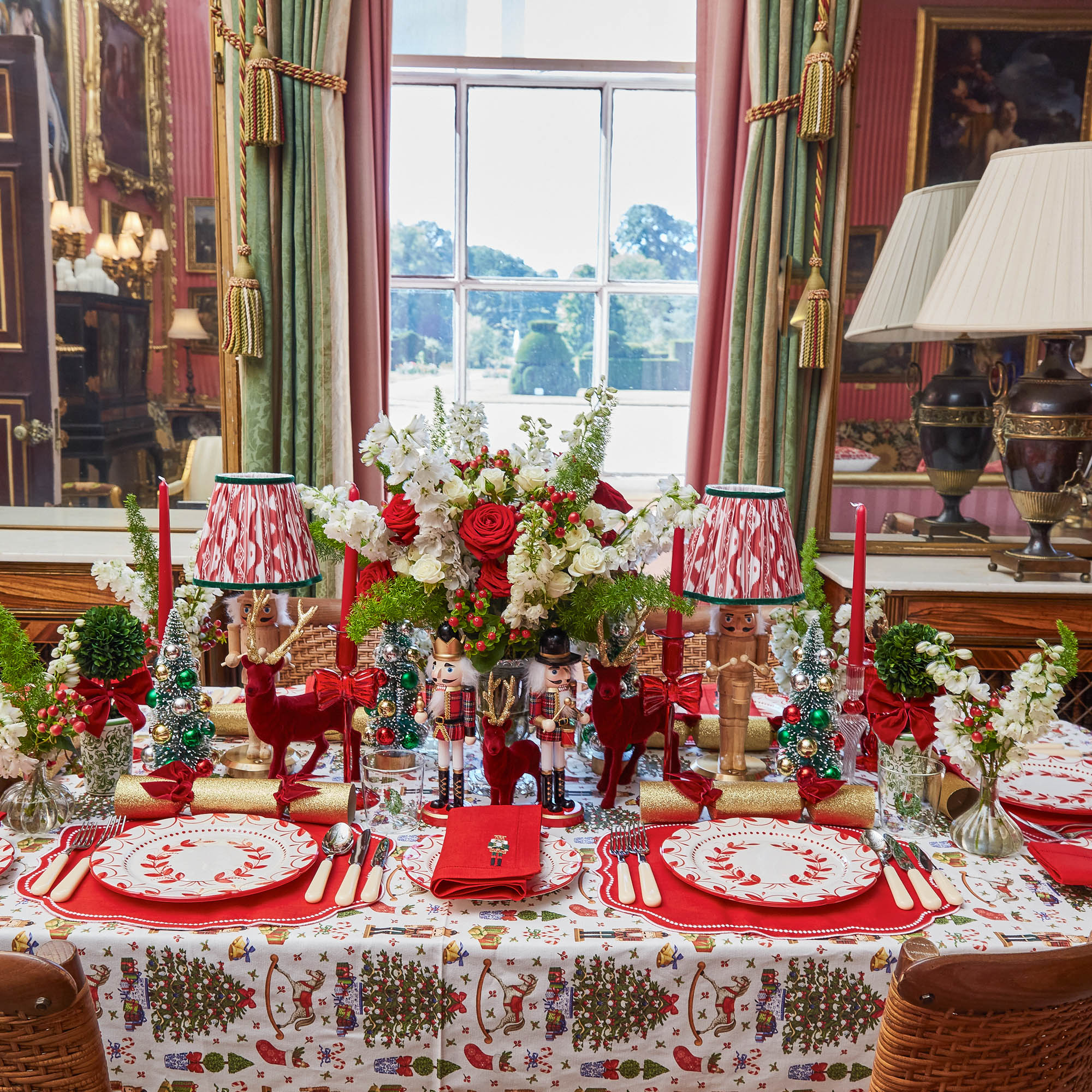 Pair of Nutcracker Rechargeable Lamps with Red & Green Ikat Shades (18cm)