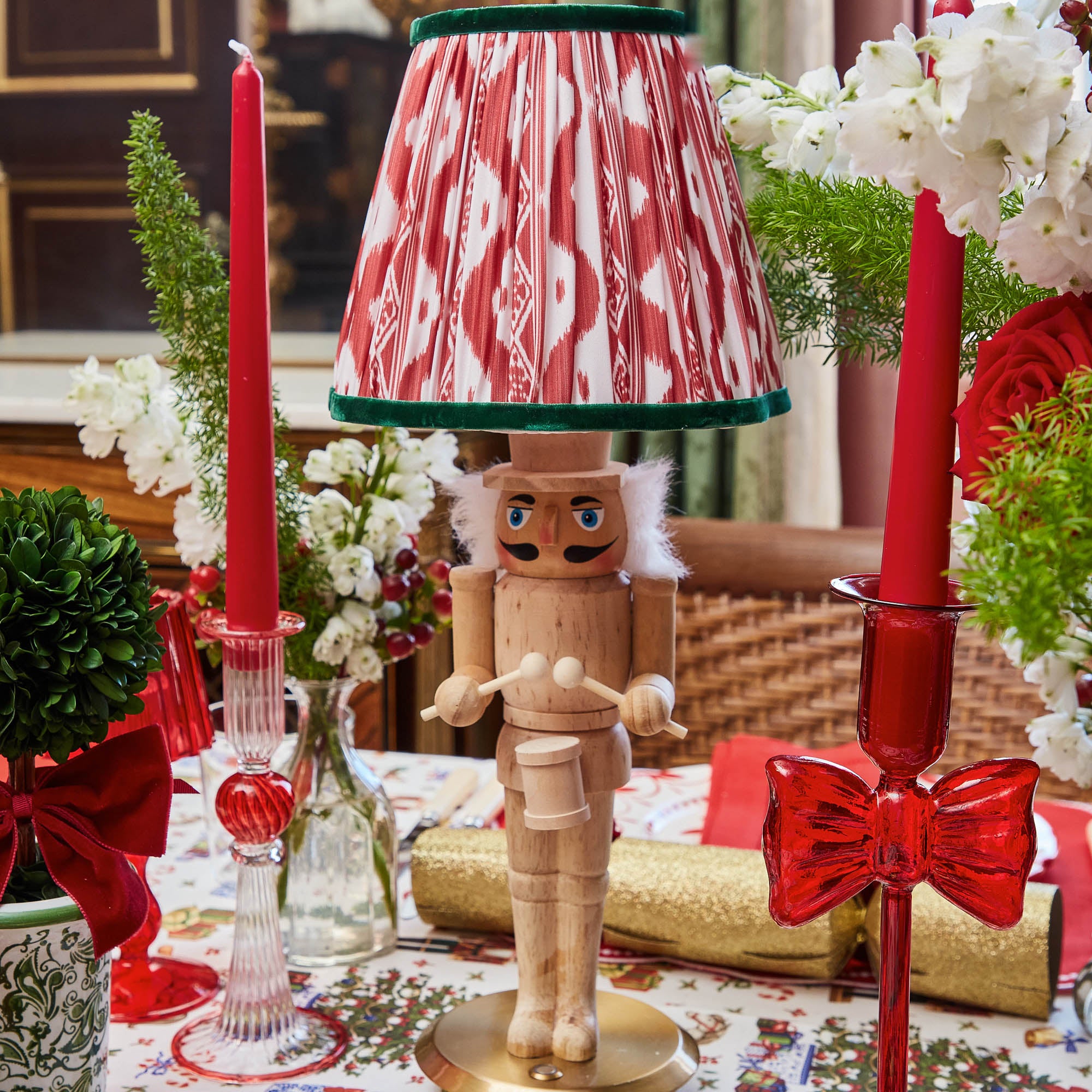 Pair of Nutcracker Rechargeable Lamps with Red & Green Ikat Shades (18cm)