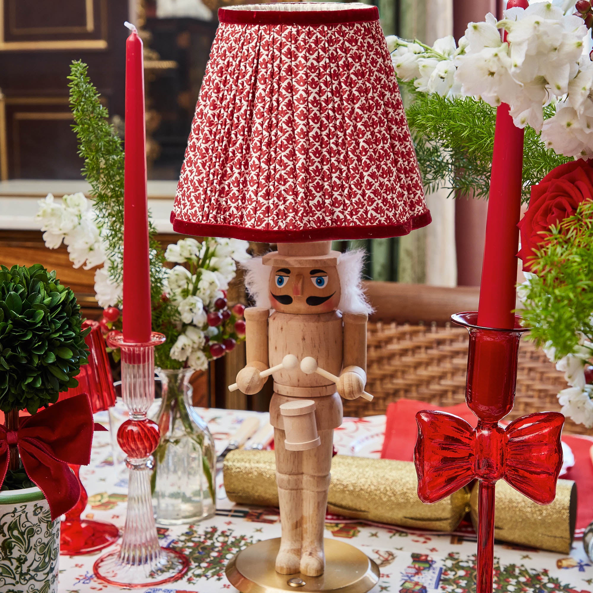 Pair of Nutcracker Rechargeable Lamps with Red Lotus Shades (18cm)