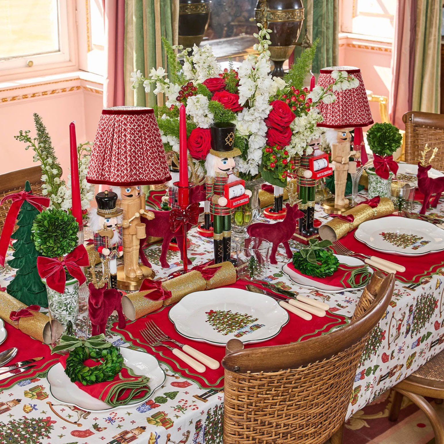 Pair of Nutcracker Rechargeable Lamps with Red Lotus Shades (18cm)