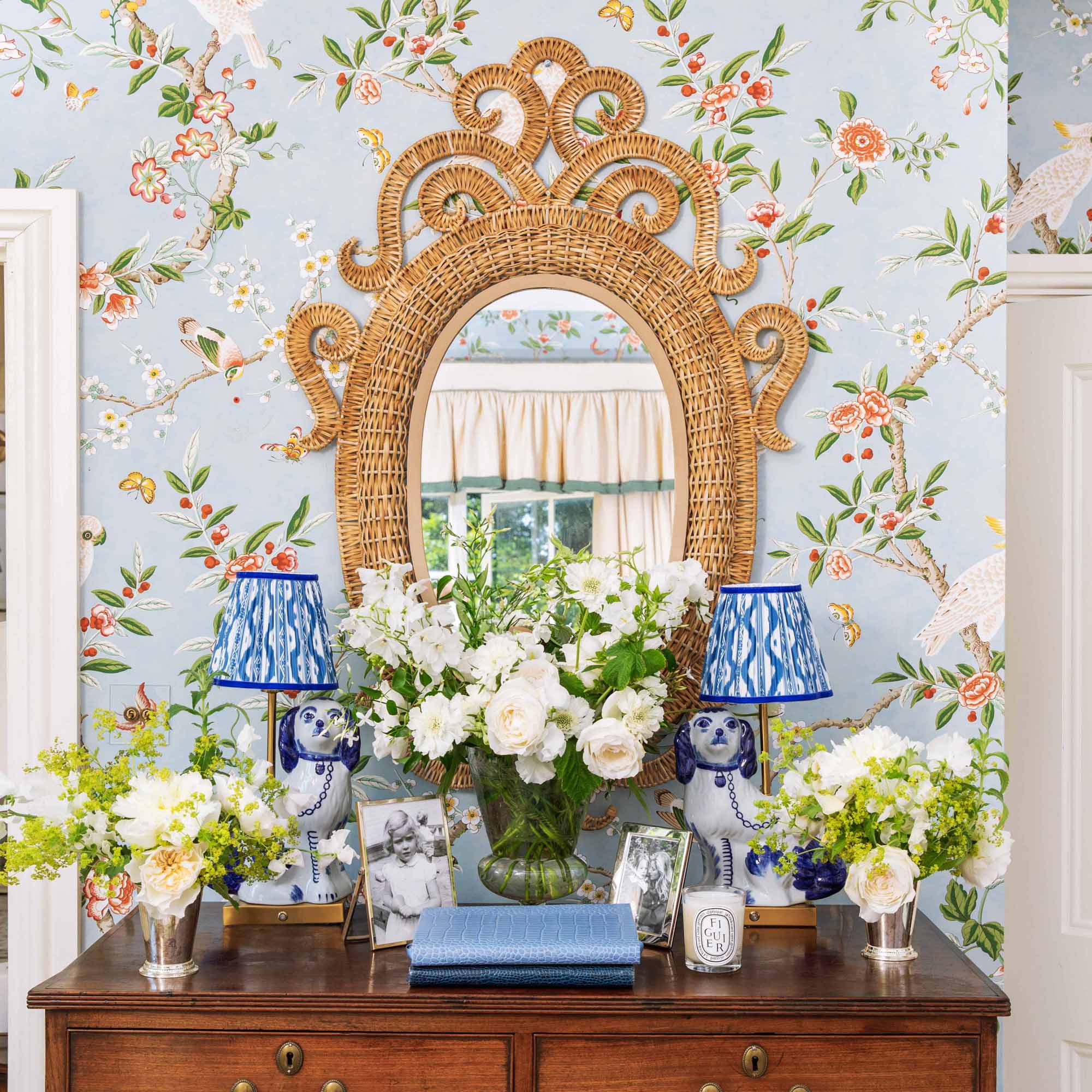 Staffordshire Dog Rechargeable Lamp with Cobalt Ikat Shade (Pair)