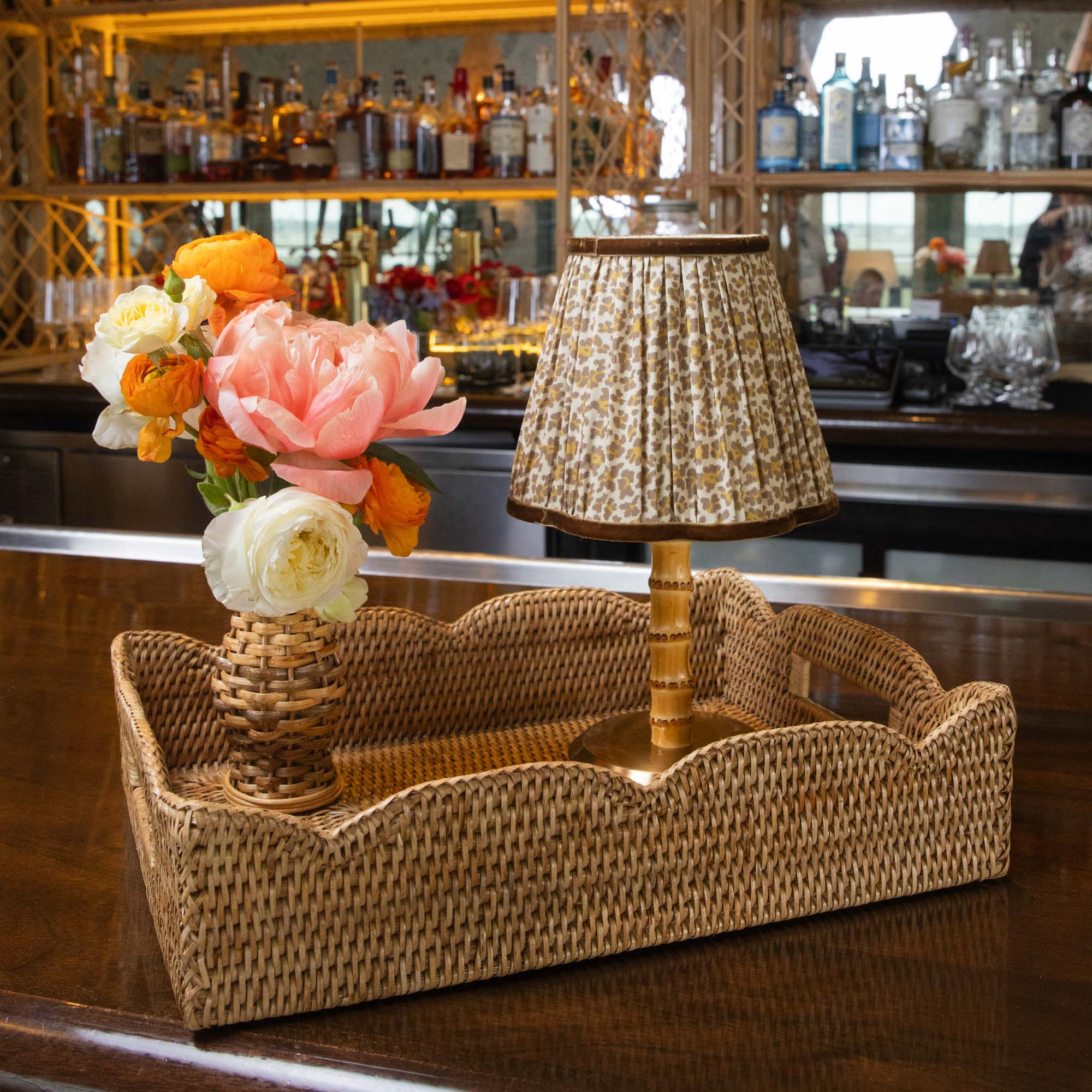 Short Bamboo Rechargeable Lamp with Leopard Shade (18cm)