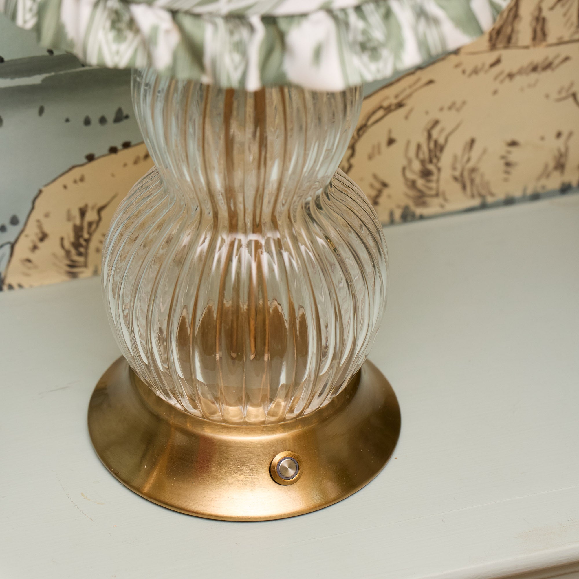 Glass Bardot Rechargeable Lamp with Olive Ikat Ruffle Shade (18cm)