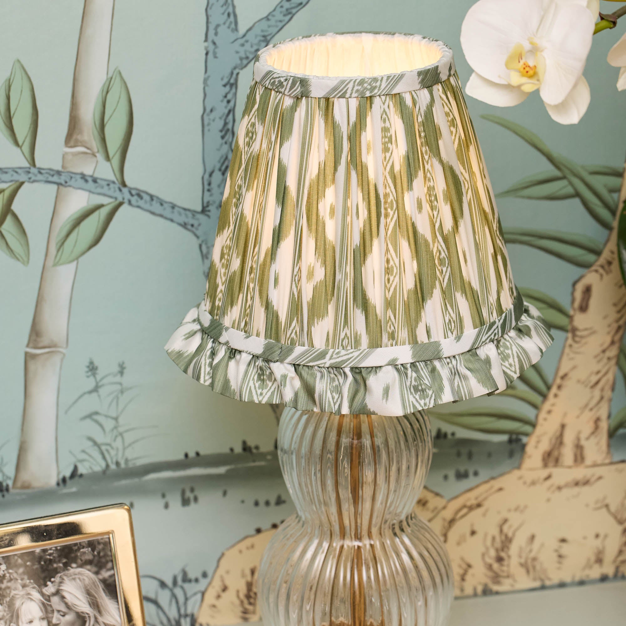 Glass Bardot Rechargeable Lamp with Olive Ikat Ruffle Shade (18cm)