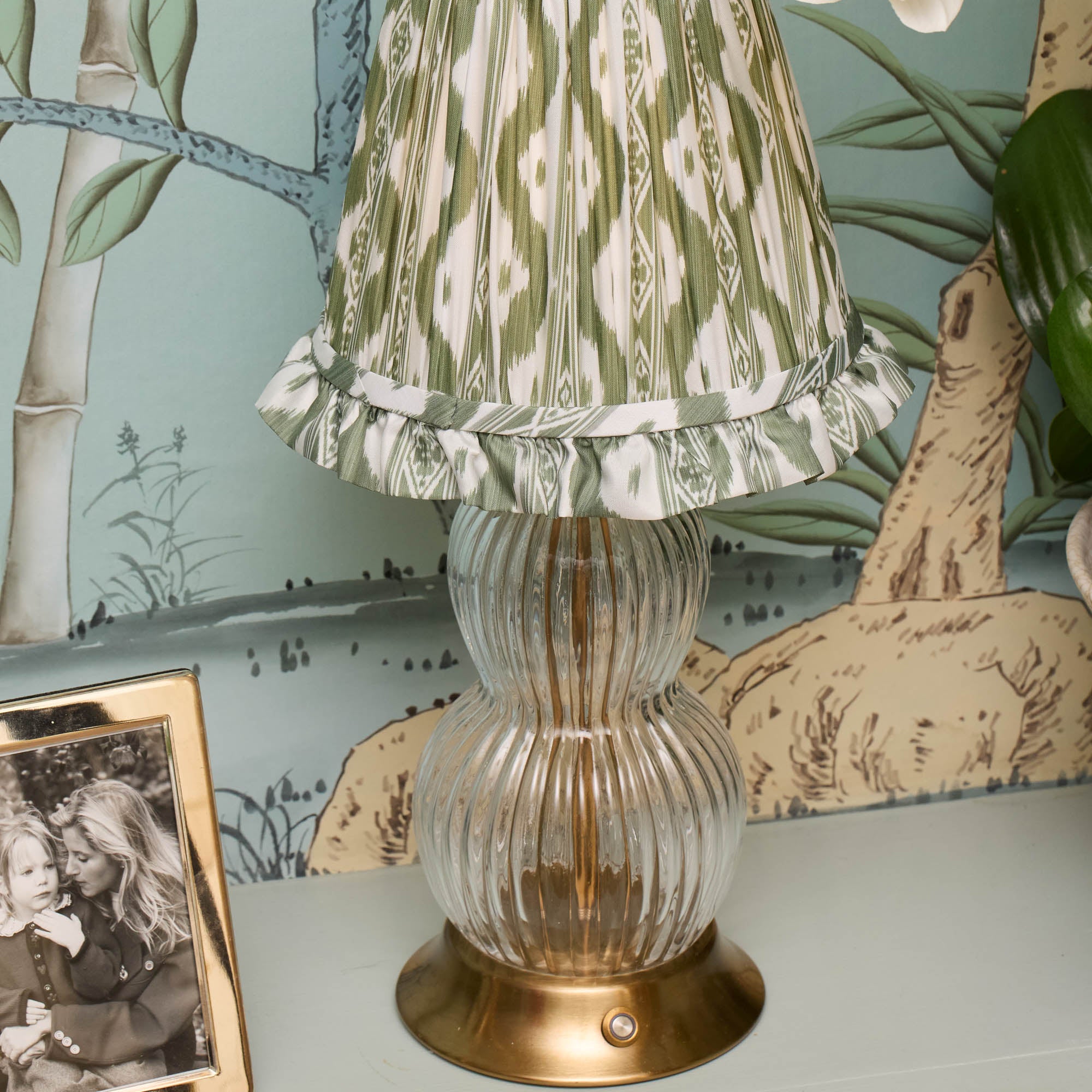 Glass Bardot Rechargeable Lamp with Olive Ikat Ruffle Shade (18cm)