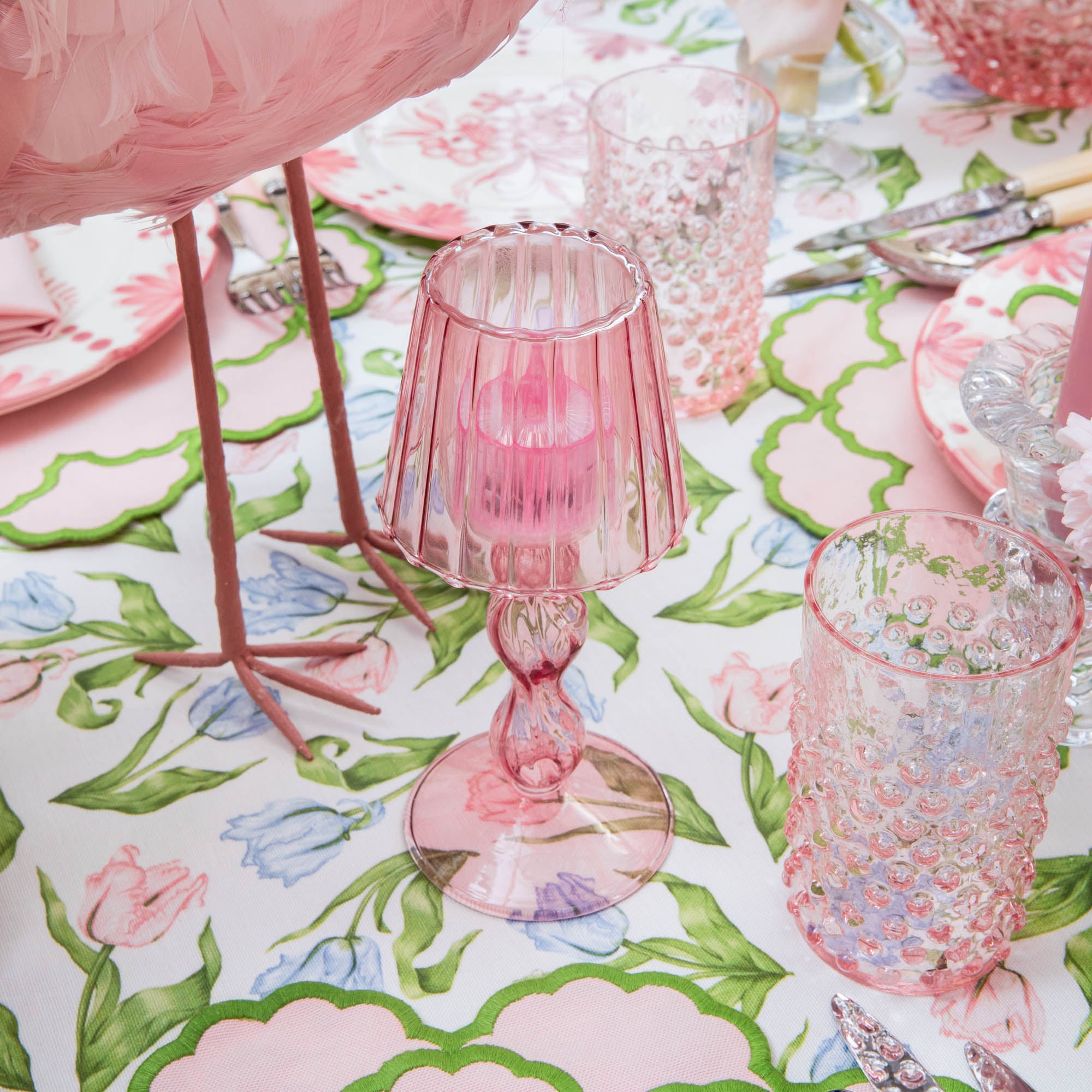 Pink Glass Lantern Tea Light Holder (Pair) - 18cm