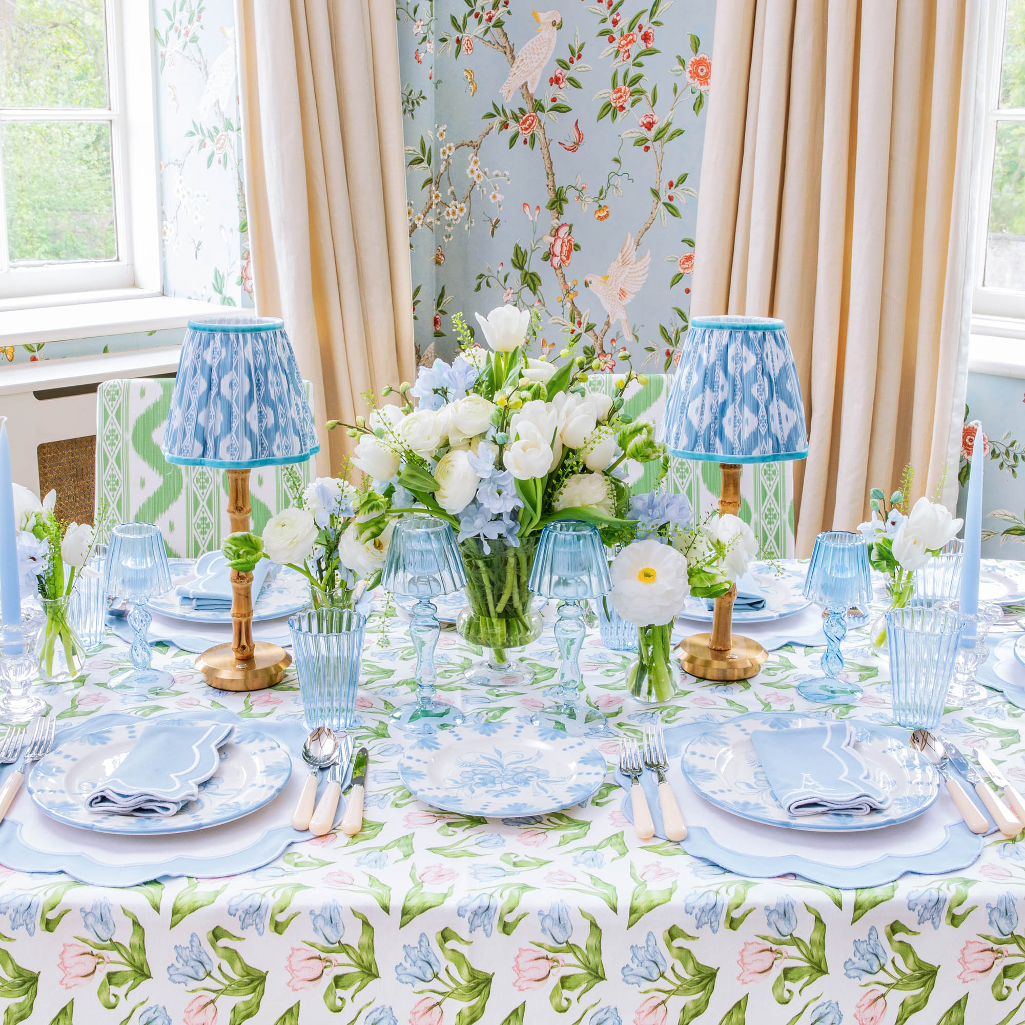 Rechargeable Bamboo Lamp with Blue Ikat Shade (18cm)