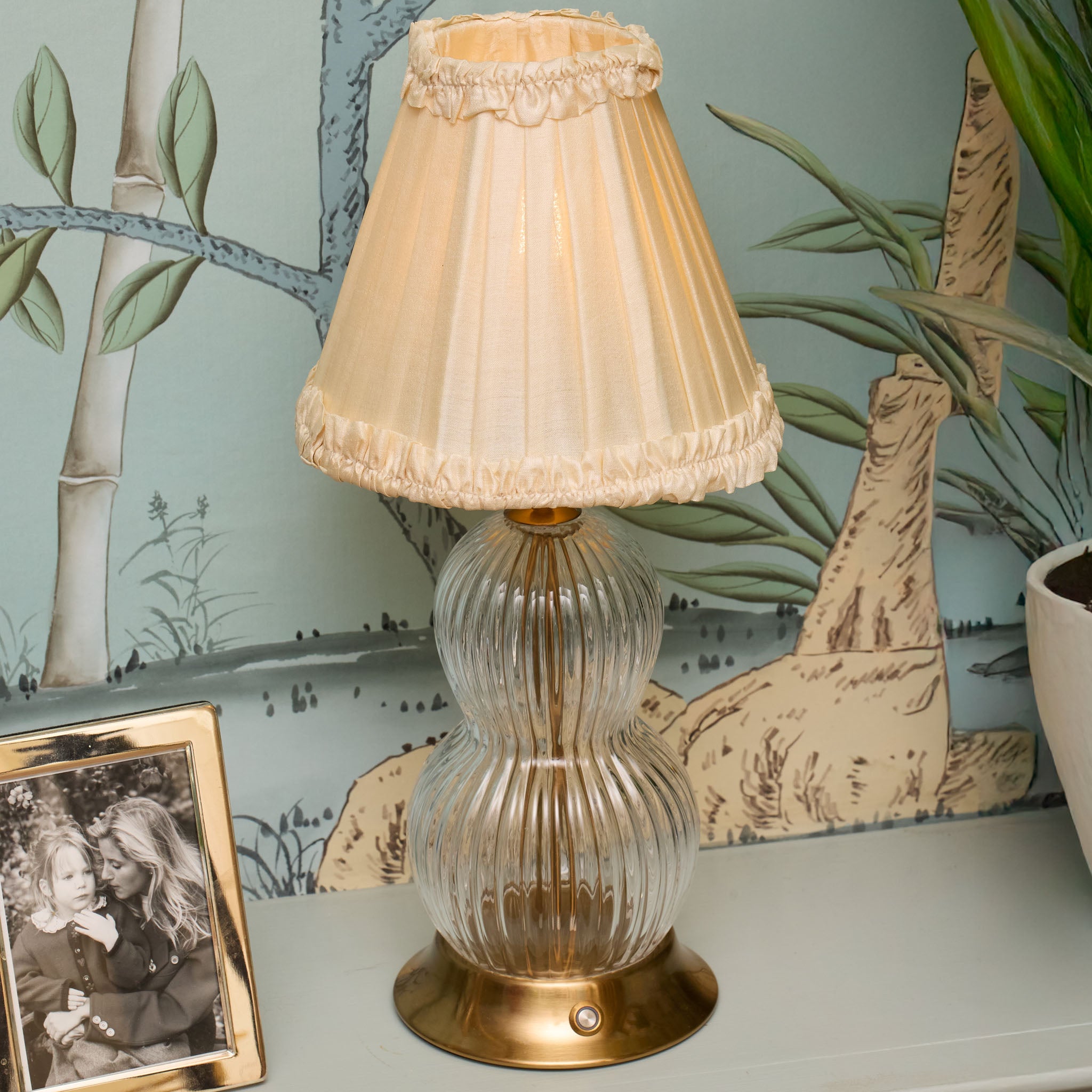 Glass Bardot Rechargeable Lamp with Cream Frilled Silk Shade (18cm)