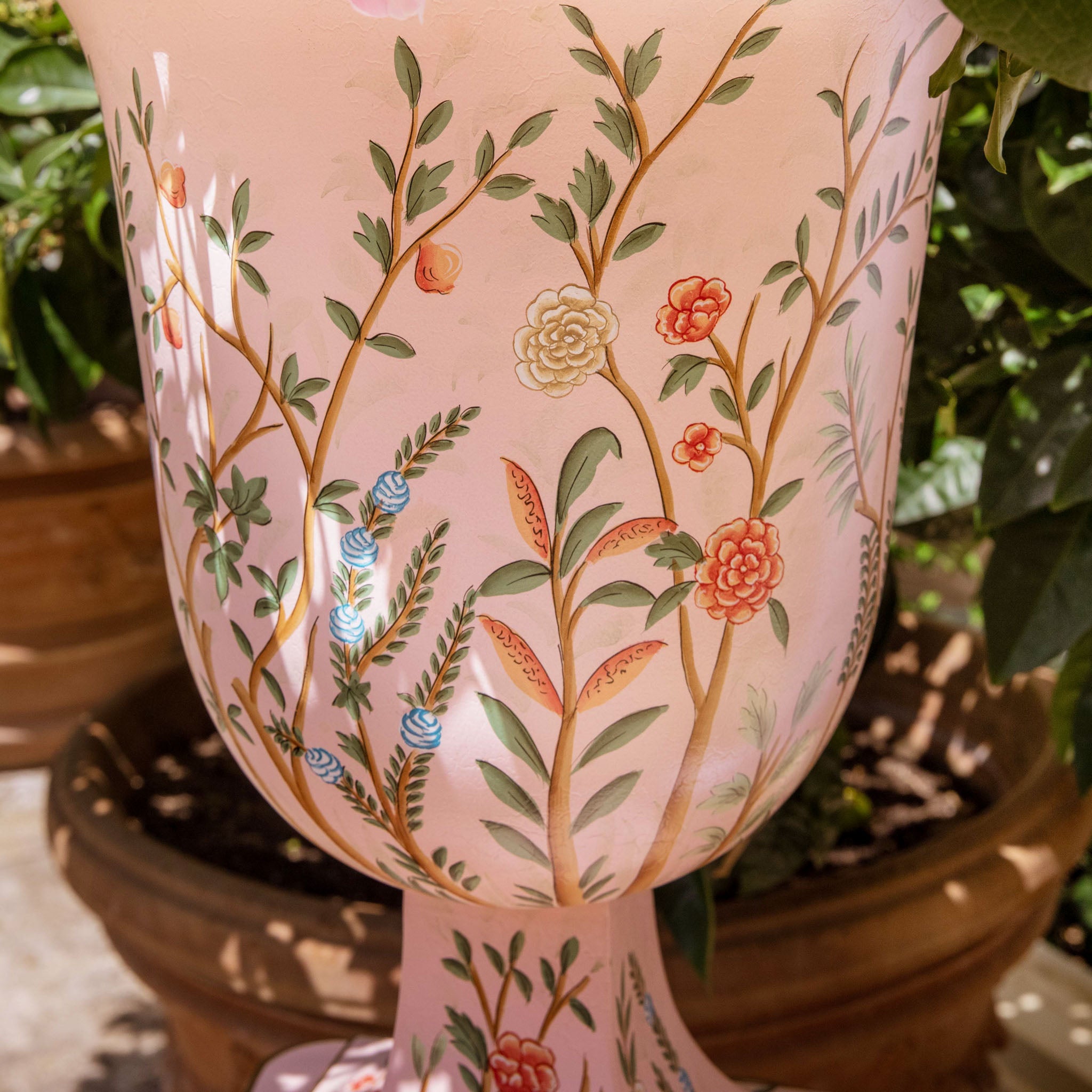 Pink Chinoiserie Tole Urn & Pedestal