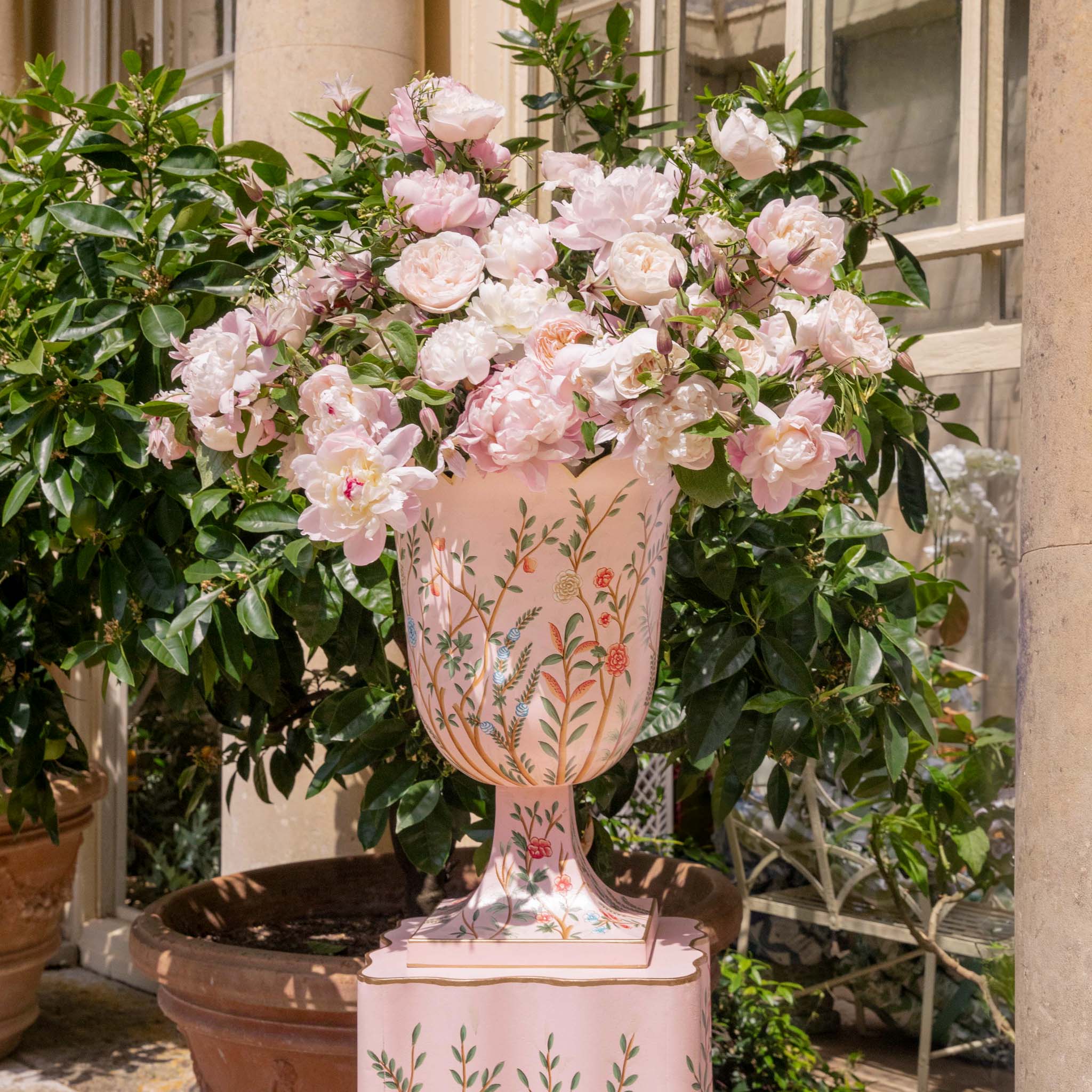 Pink Chinoiserie Tole Urn & Pedestal
