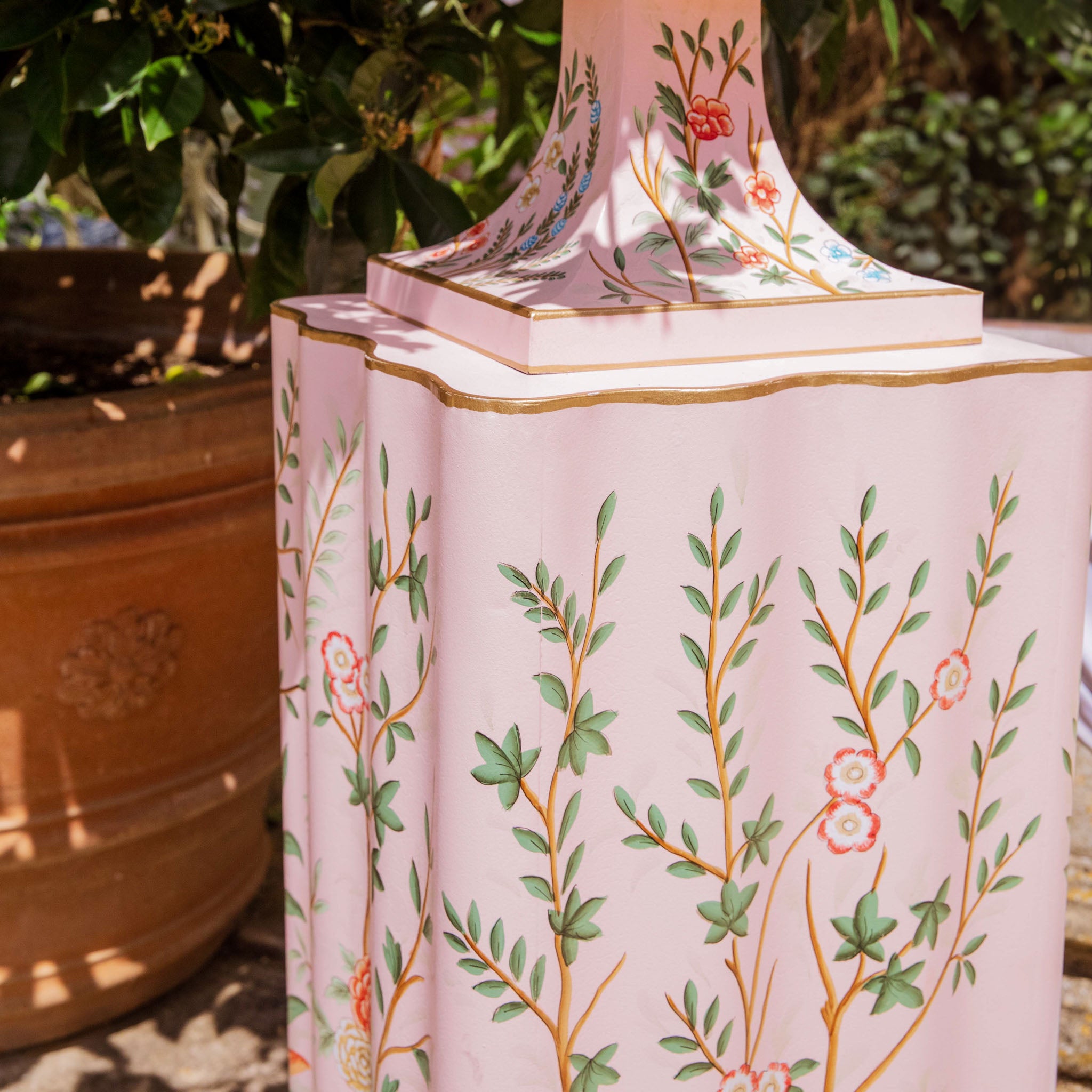 Pink Chinoiserie Tole Urn & Pedestal