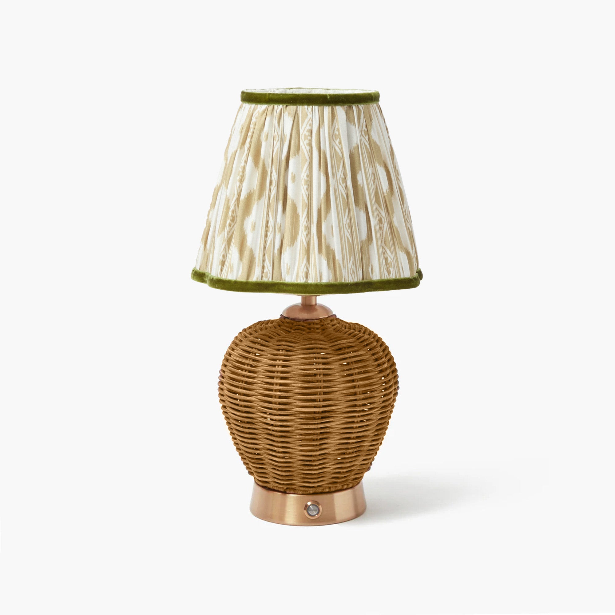 Rattan Ursula Rechargeable Lamp with Putty & Green Ikat Shade (18cm)