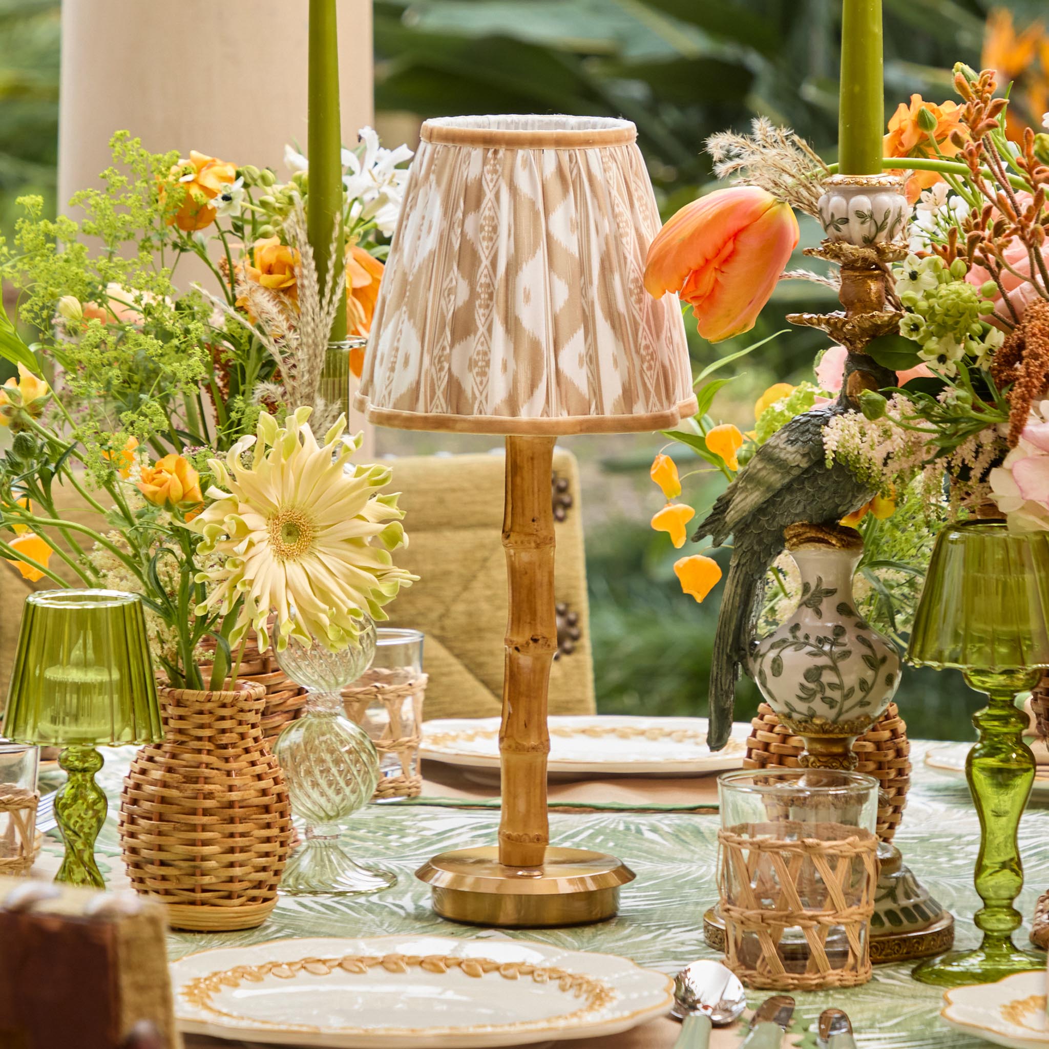 Rechargeable Bamboo Lamp with Putty Ikat Shade (18cm)