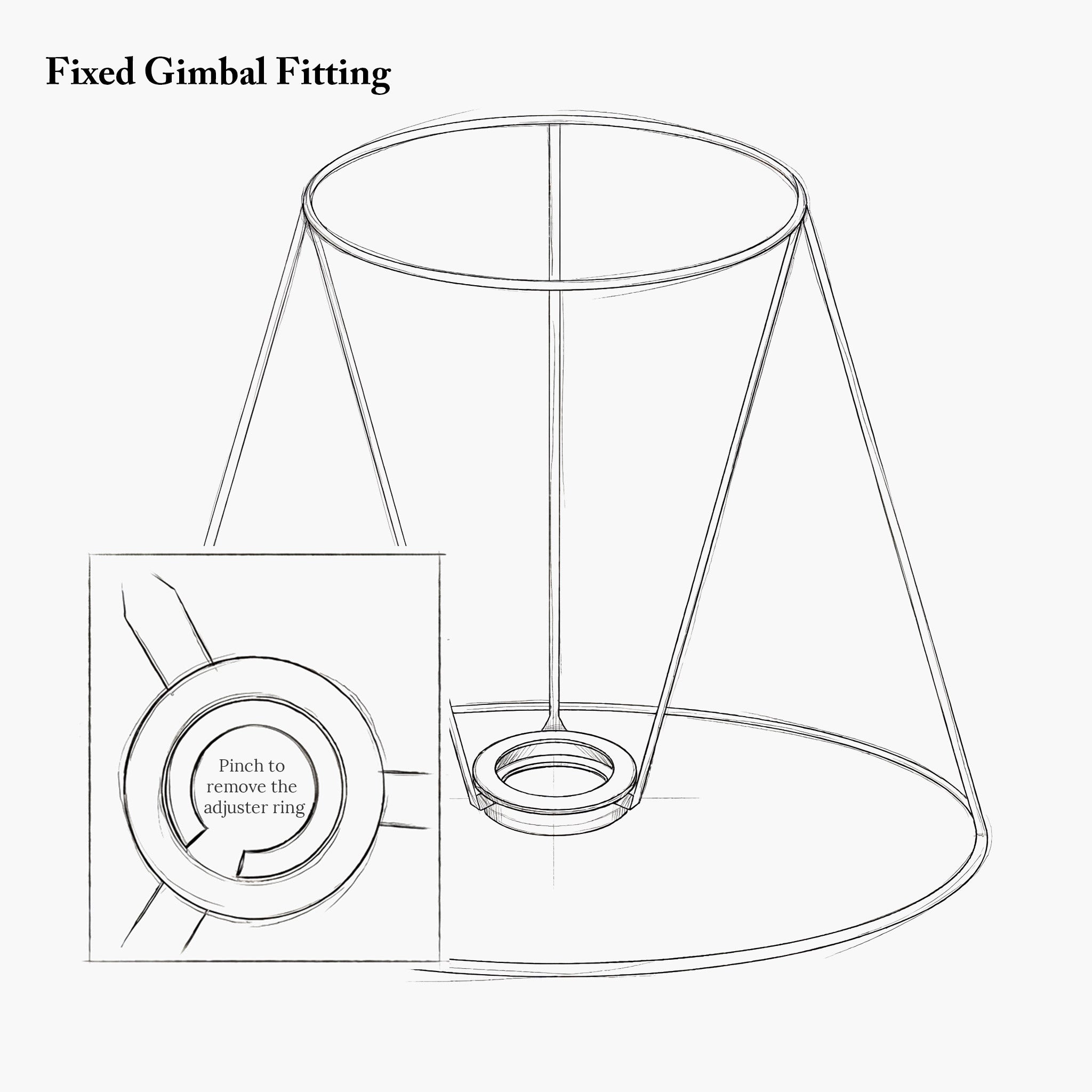 Technical drawing of a fixed gimbal fitting with an inset showing a pitch to remove adapter ring.