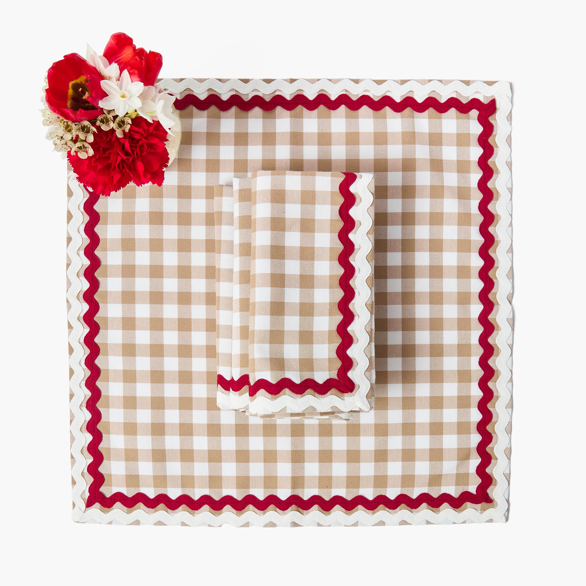 Rossina Putty Gingham & Red Placemats & Napkins (Set of 4)