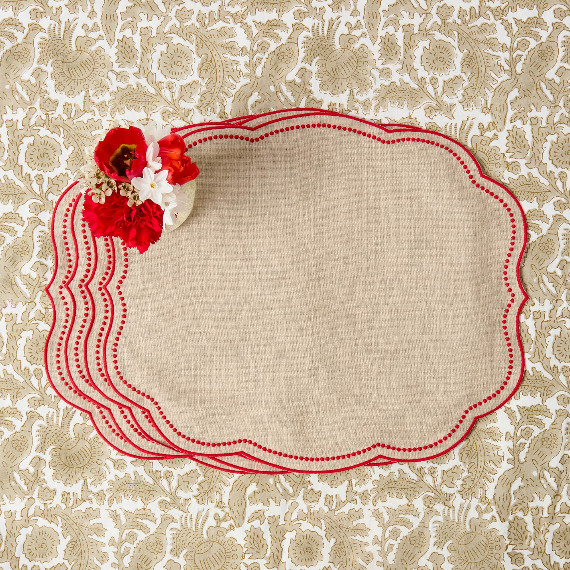 Eloise Putty & Red Linen Placemats (Set of 4)