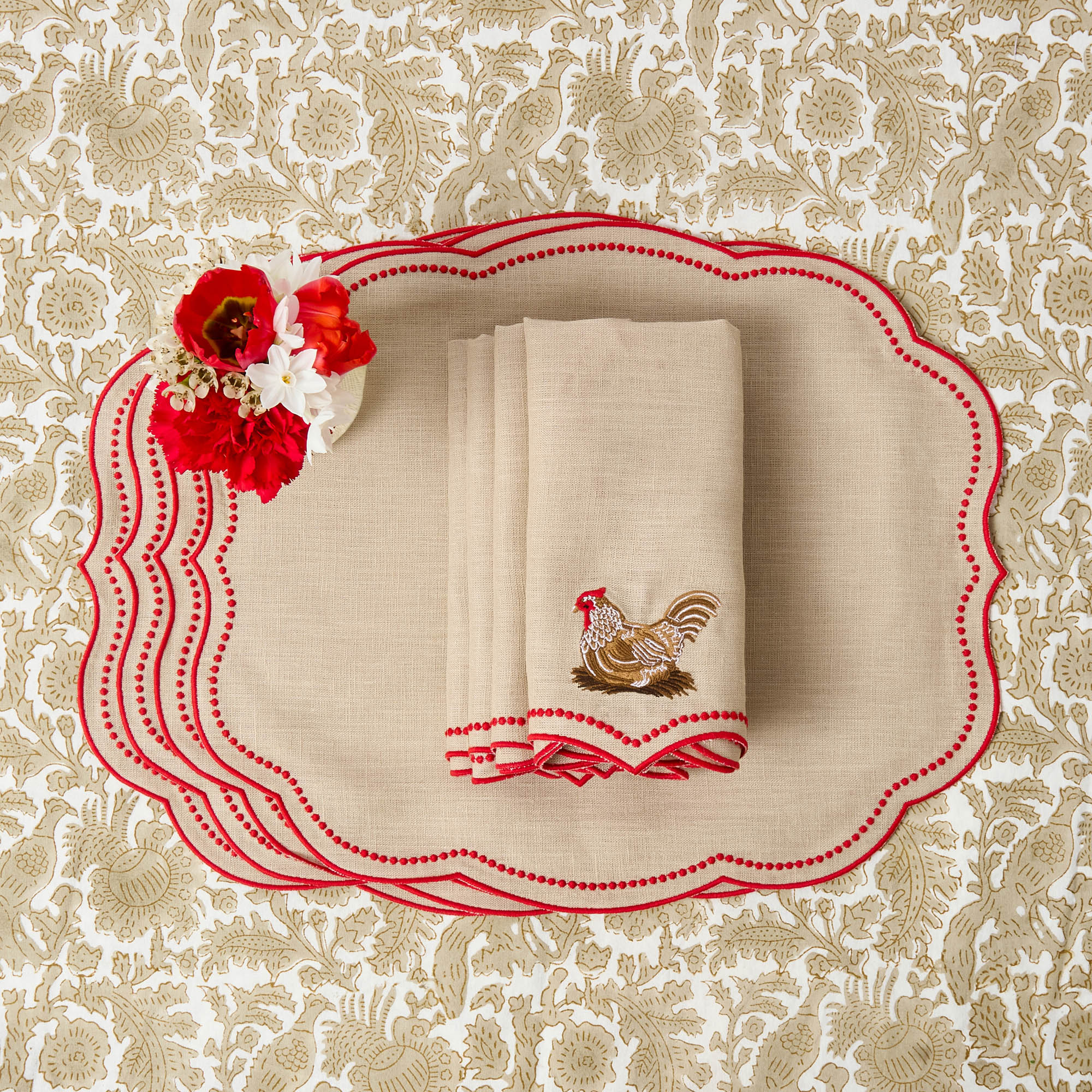 Eloise Putty & Red Linen Placemats (Set of 4)