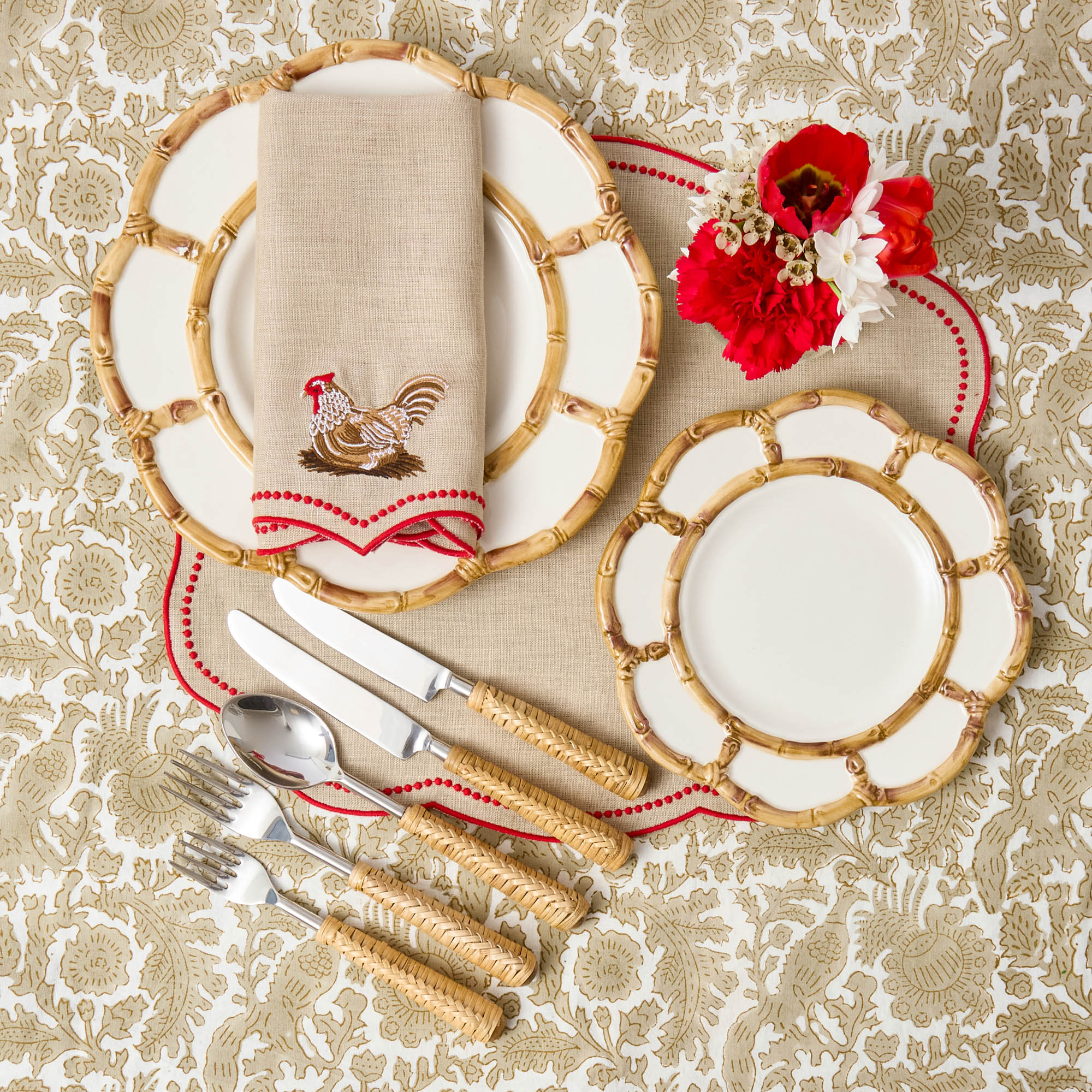 Eloise Putty & Red Linen Placemats & Henrietta Hen Napkins (Set of 4)