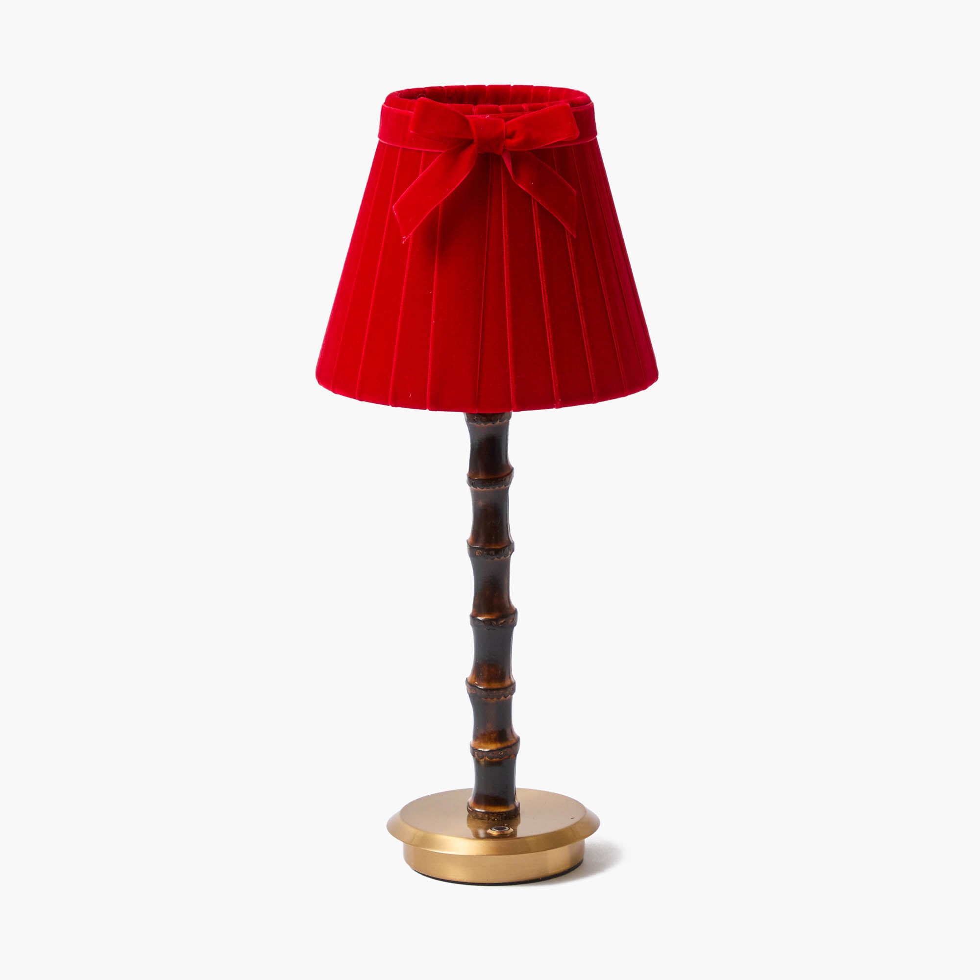 Burnt Bamboo Rechargeable Lamp with Red Velvet Bow Shade (18cm)