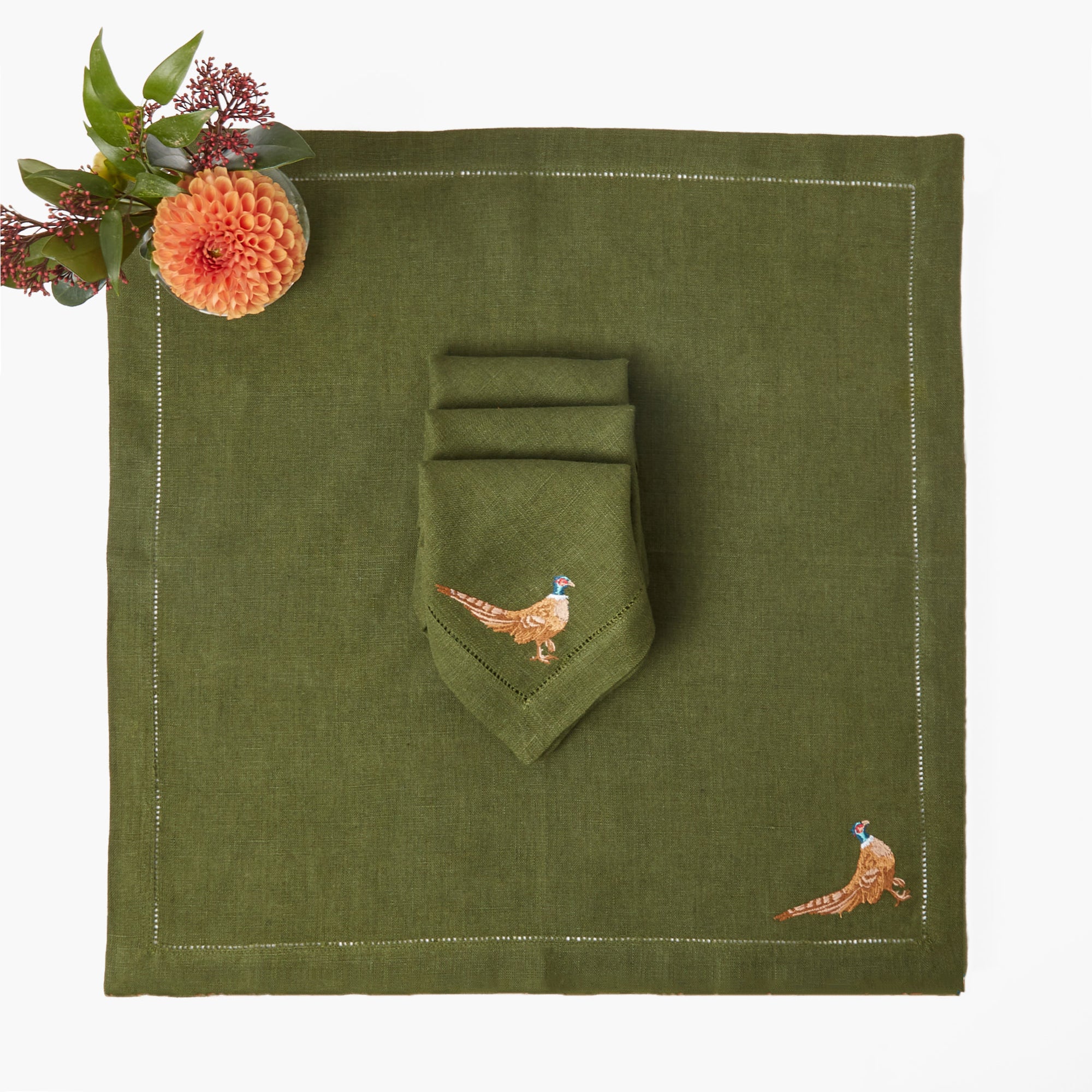 Pheasant Forest Green Linen Napkins (Set of 4)