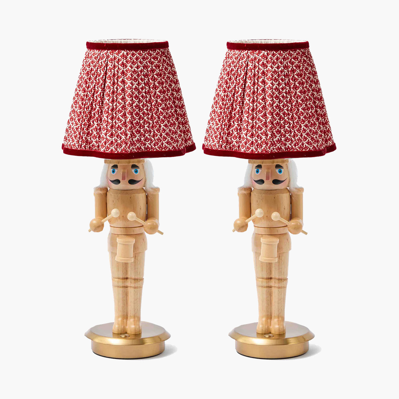 Pair of Nutcracker Rechargeable Lamps with Red Lotus Shades (18cm)