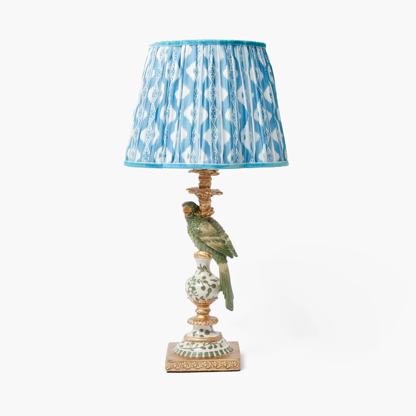 Olive Parrot Lamp with Blue Ikat Shade (30cm)