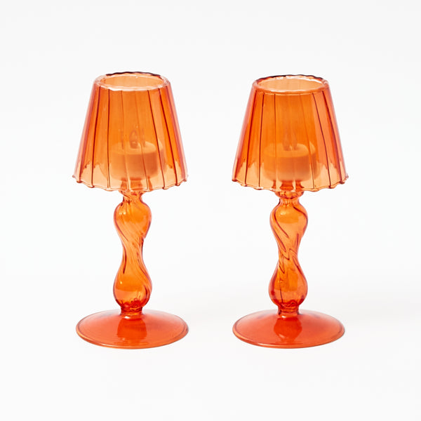 Pair of 18 cm orange glass lantern tea light holders for ambient lighting.