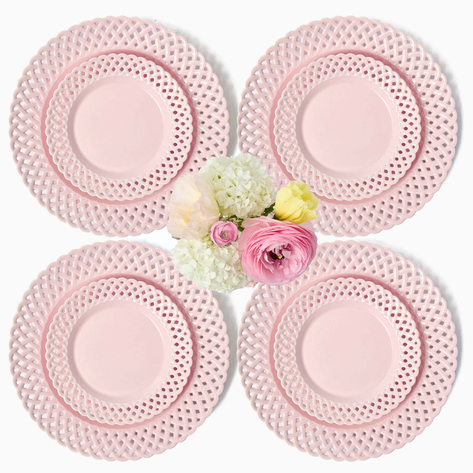 Pink Basketweave Dinner & Starter Plates (Set of 8)
