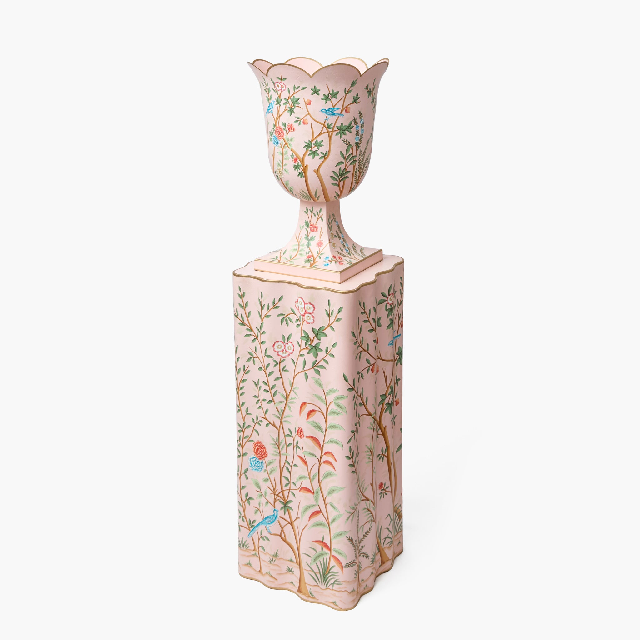 Pink Chinoiserie Tole Urn & Pedestal
