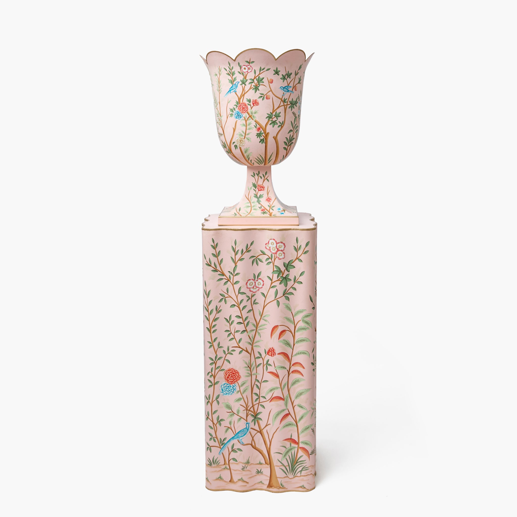 Pink Chinoiserie Tole Urn & Pedestal