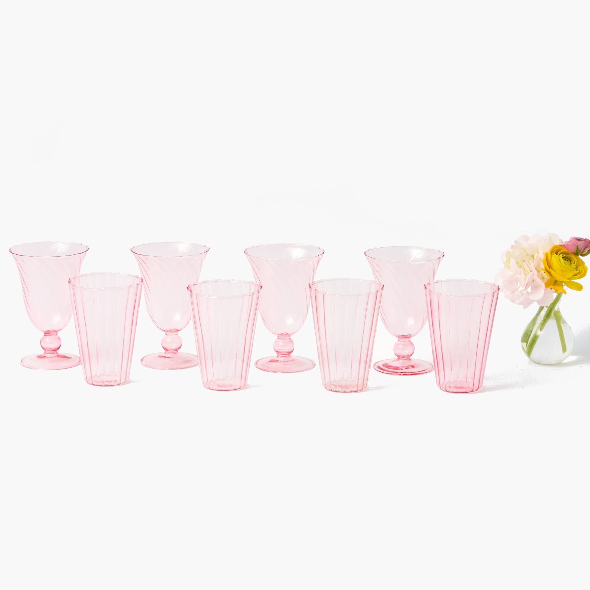 Pink Fluted Glassware (Set of 8)