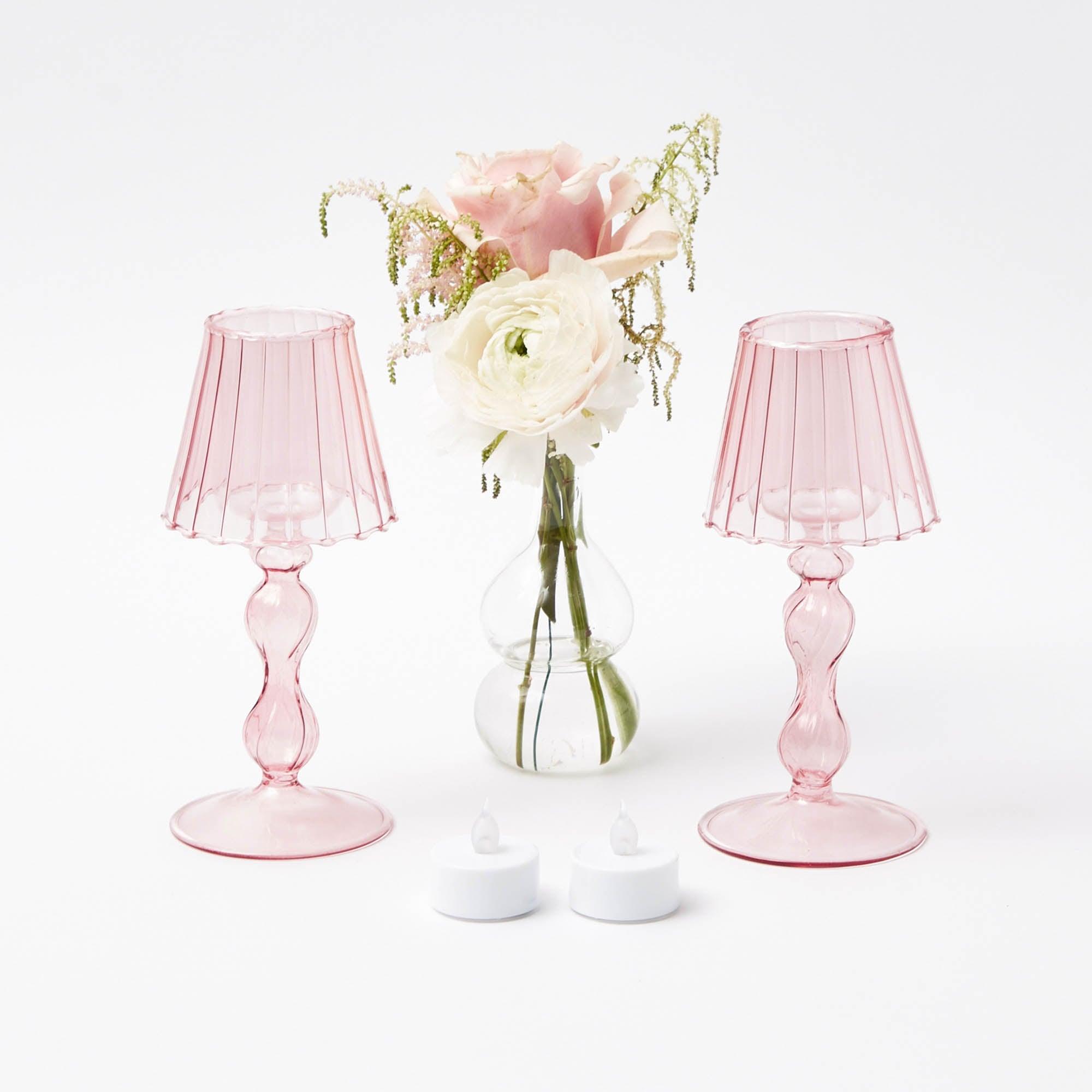 Pink Glass Lantern Tea Light Holder (Pair) - 18cm - Mrs. Alice