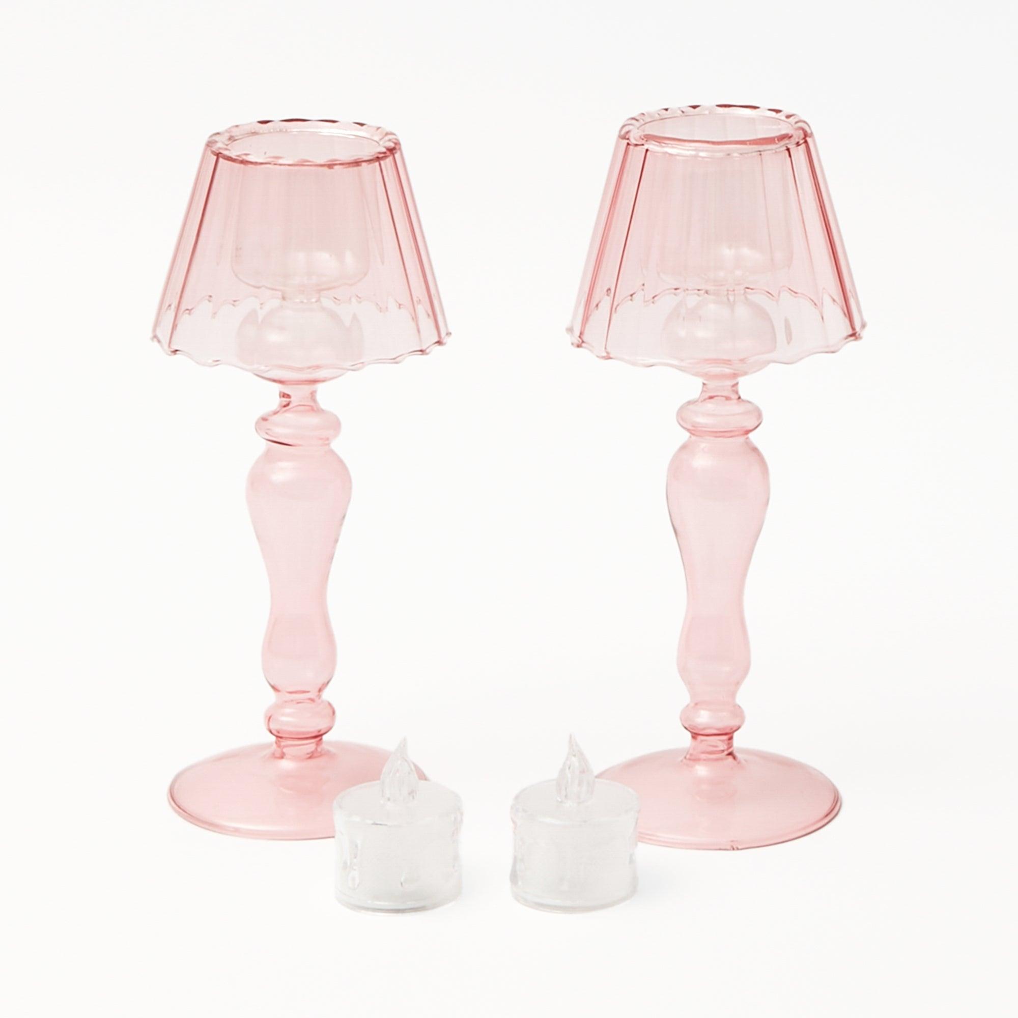 Pink Glass Lantern Tea Light Holder (Pair) - 24cm - Mrs. Alice