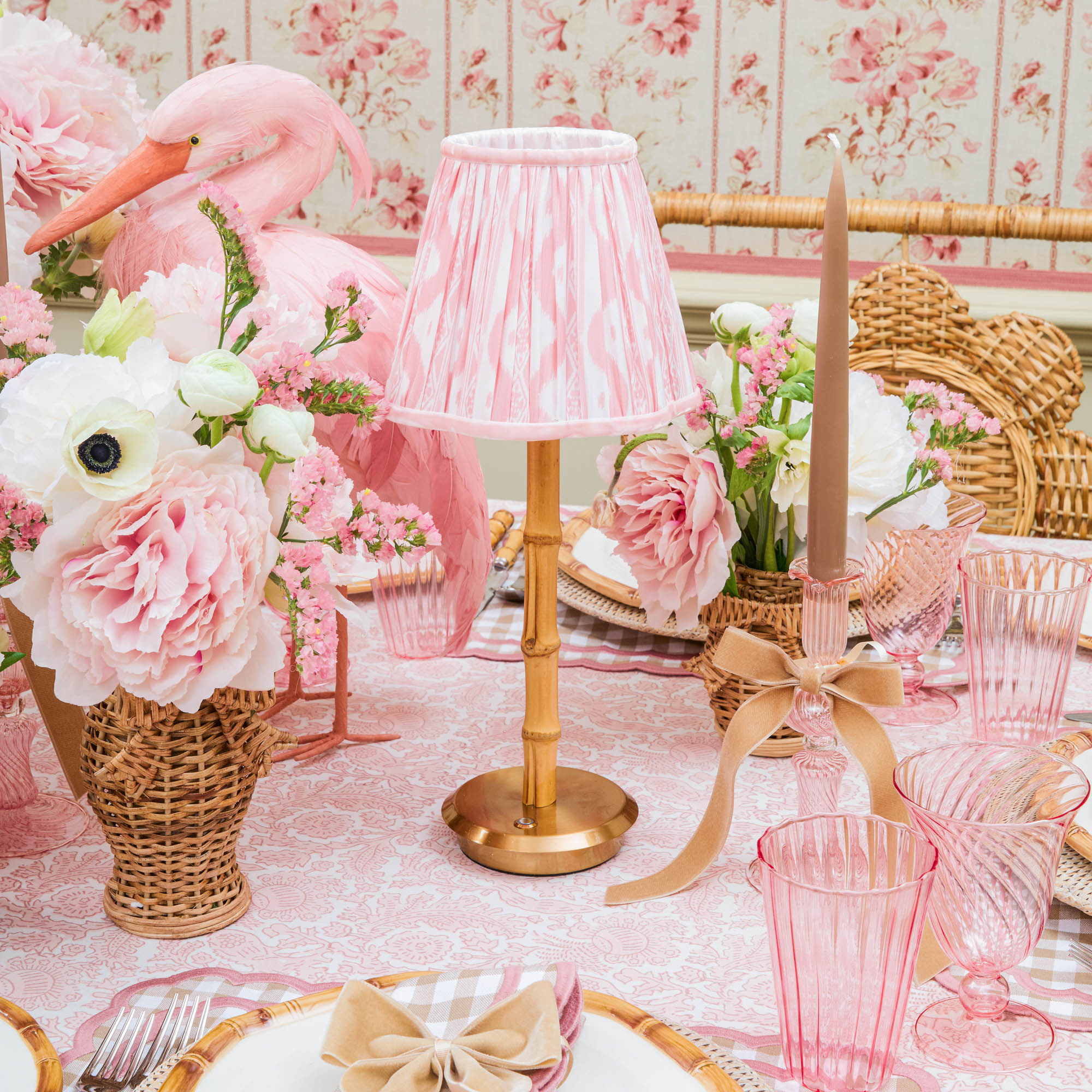 Rechargeable Bamboo Lamp & Pink Ikat Shade (18cm)