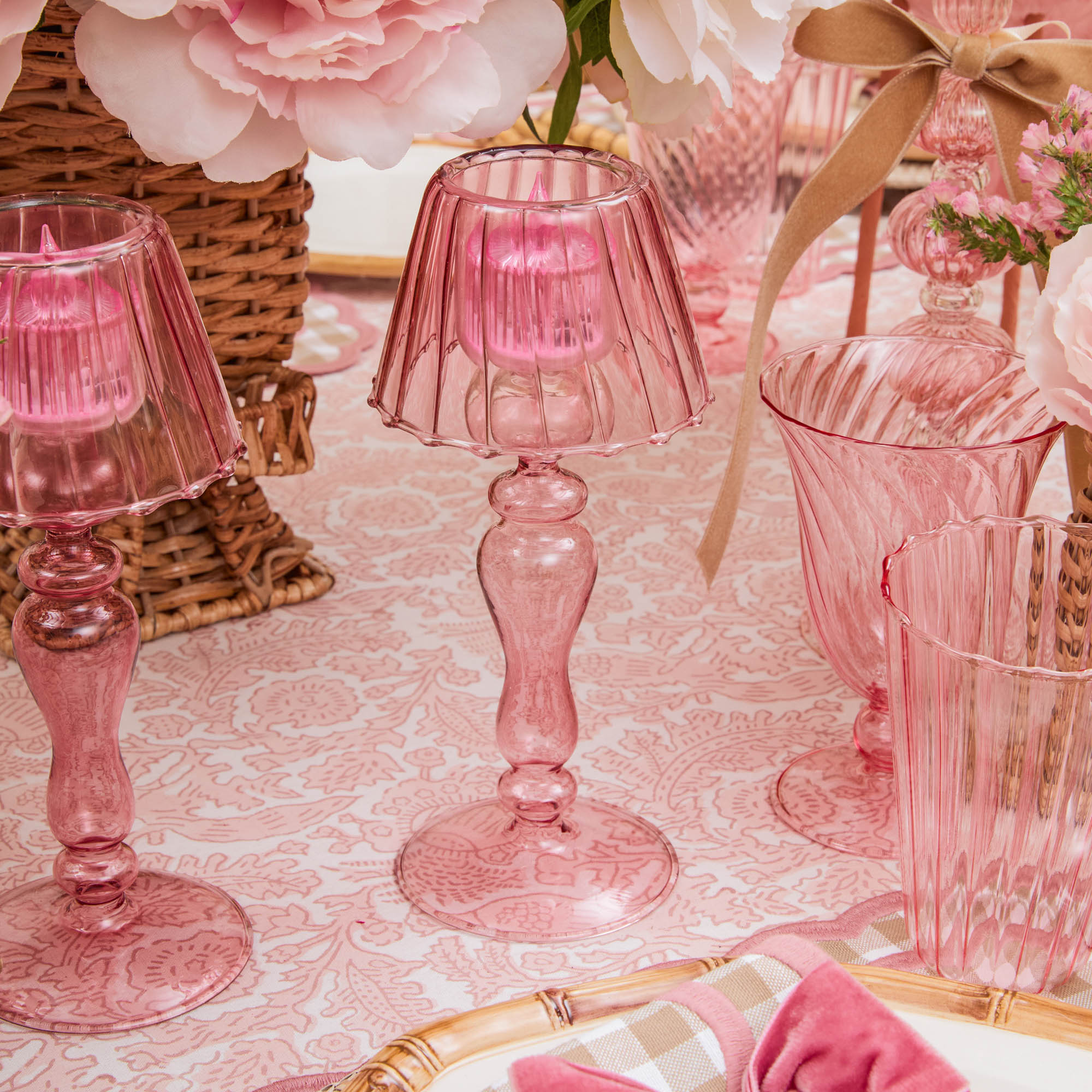 Pink Glass Lantern Tea Light Holder (Pair) - 24cm